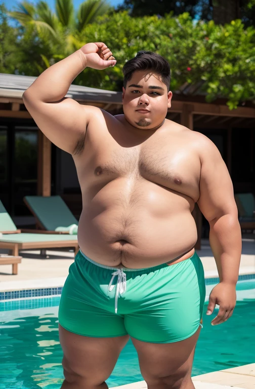 Young man aged 17, chubby, extremely thick thighs, large belly, wearing only green or gray or blue or black or white or red swimming trunks. He doesn&#39;t wear clothes. He's gesturing with his hands. He is sitting in the luxurious armchair. He holds a cell phone in his hand. He wears a gold watch on his wrist. He wears several Nordic bracelets on his wrist.. He wears a Nordic chain around his neck or he wears a gold chain around his neck. 