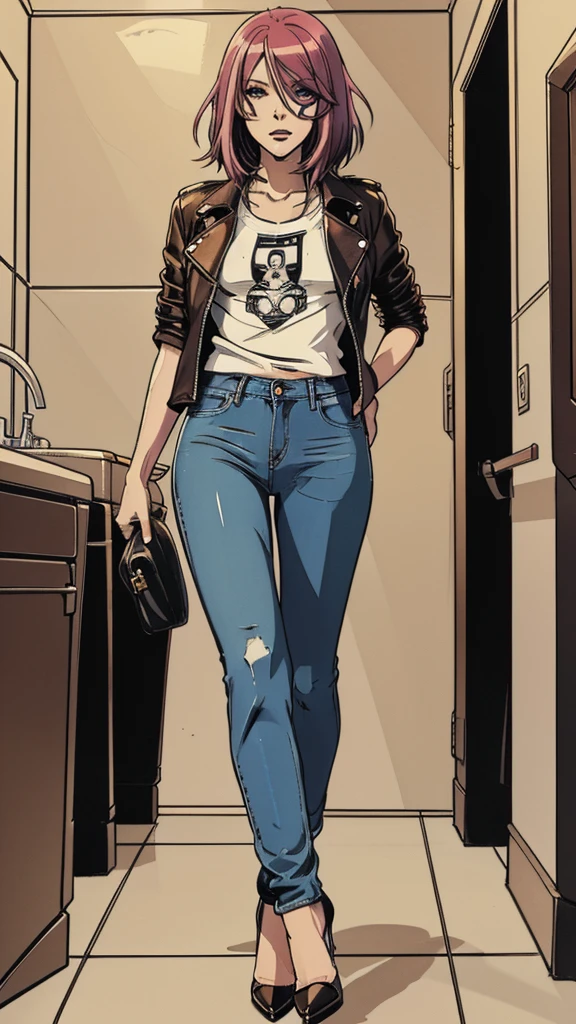 vector image, 2d cartoon,masterpiece, An anime woman,colored hair, provocative makeup,tight jeans, heels, seductive pose, leather jacket, t-shirt, in toilet, full body