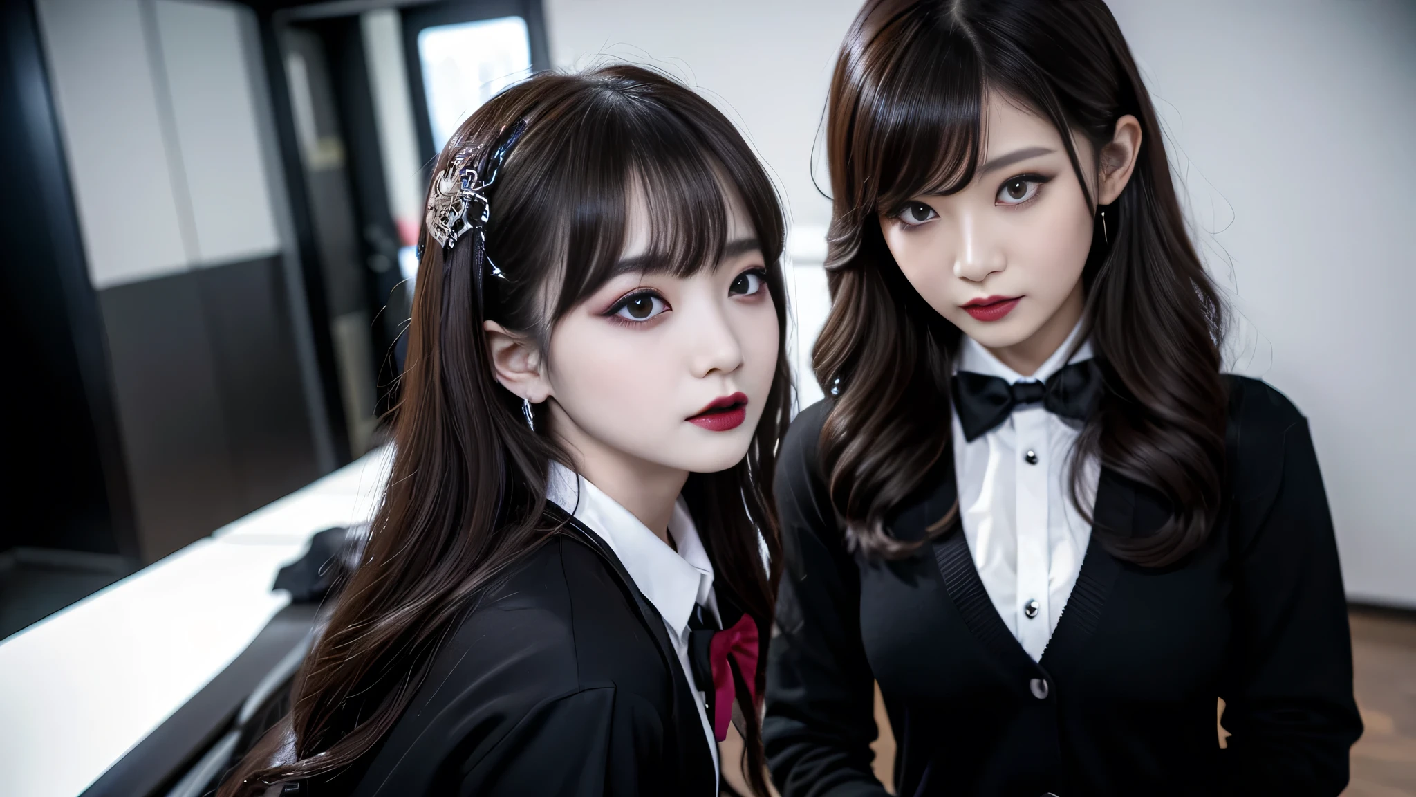 best quality、ultra-detailed、4k、Japanese、Seductive beauty、seductive adult woman、Pretty Woman、cool girl、Villainess、Brainwashed、brainwash、Fallen into evil、smirk、Evil look、Wicked Smile、evil、Brown hair、wavy hair、swept bangs、dark makeup、dark makeup、piercing eyes、hollow eyes,half-closed eyes、Hollow Eyes、purple Eyeshadow、black lipstick、black lipglos、student、uniform、Black cardigan、White Shirt、Black Ribbon、flare skirt、pantyhose、night、inside darkroom、Have lipstick、Emblem of Evil、Crest of Darkness、Swear allegiance、I have pledged my allegiance、Dye black、Blackening、Stained with evil、Dyed in darkness、Seduce