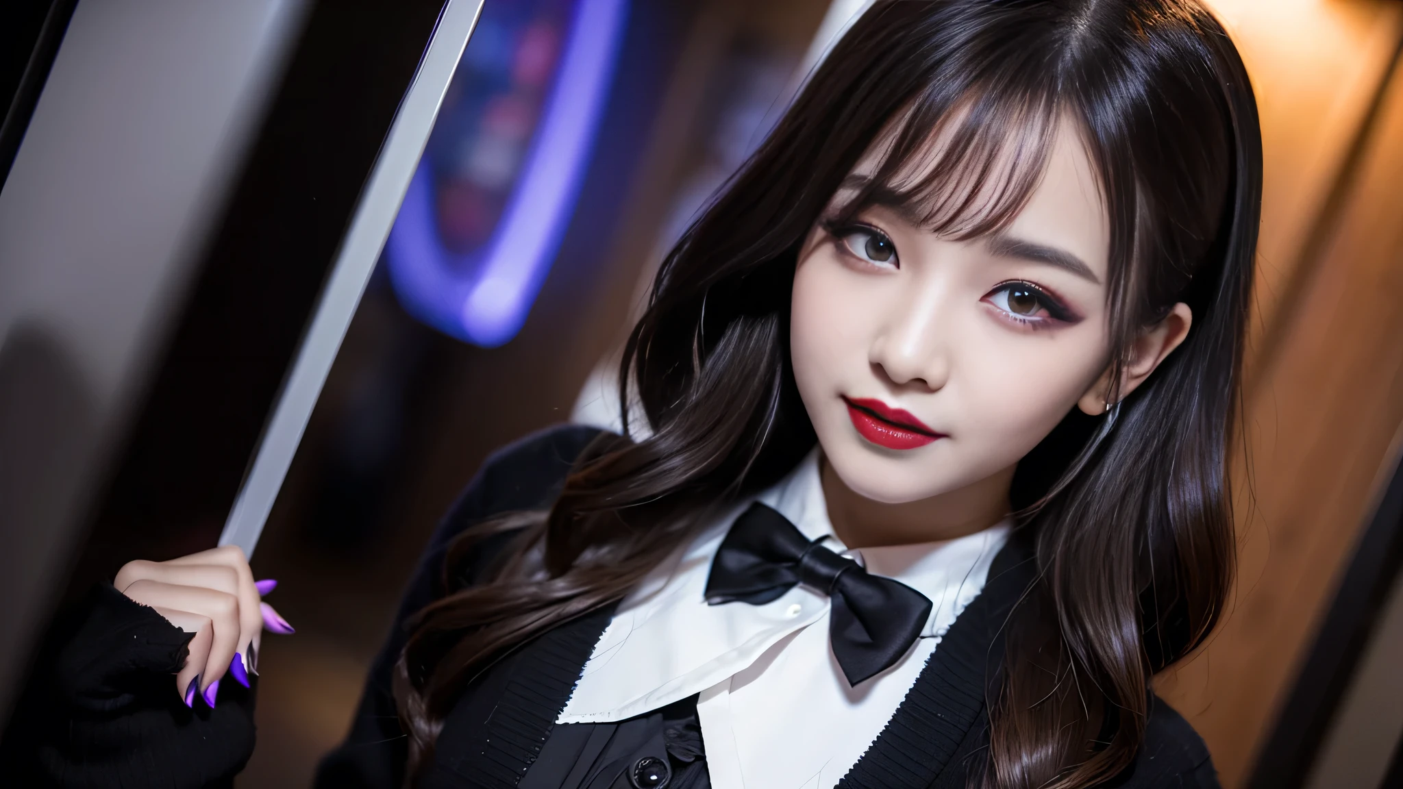 best quality、ultra-detailed、4k、Japanese、Seductive beauty、seductive adult woman、Pretty Woman、cool girl、Villainess、Brainwashed、brainwash、Fallen into evil、smirk、Evil look、Wicked Smile、evil、Brown hair、wavy hair、swept bangs、dark makeup、dark makeup、piercing eyes、hollow eyes,half-closed eyes、Hollow Eyes、purple Eyeshadow、black lipstick、black lipglos、student、uniform、Black cardigan、White Shirt、Black Ribbon、flare skirt、pantyhose、night、inside darkroom、Have lipstick、Emblem of Evil、Crest of Darkness、Swear allegiance、I have pledged my allegiance、Dye black、Blackening、Stained with evil、Dyed in darkness、Seduce