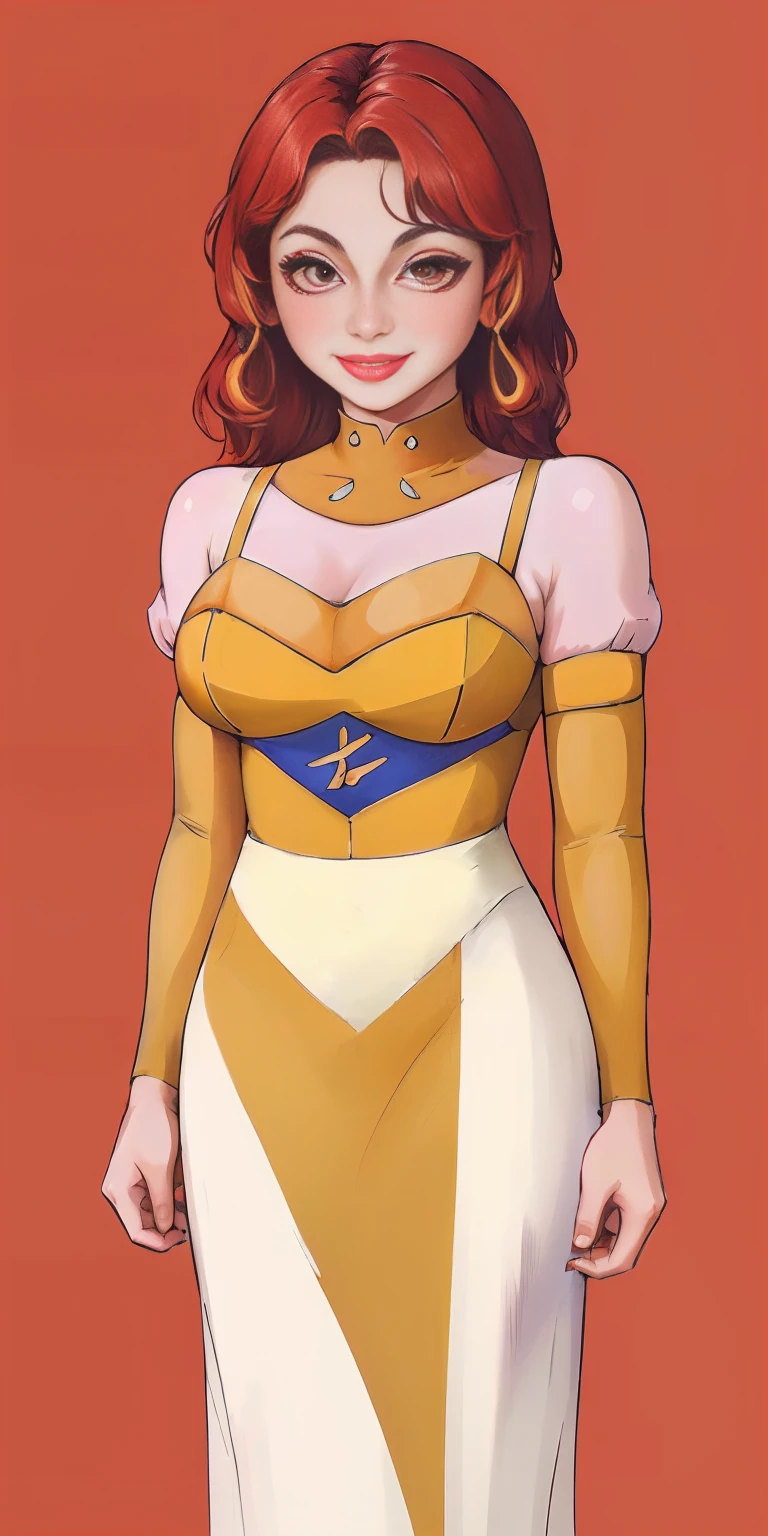 (masterpiece, best quality, 4k, 1girlsolo, 1MILF, smile, red cheeks, plain background:1.2)