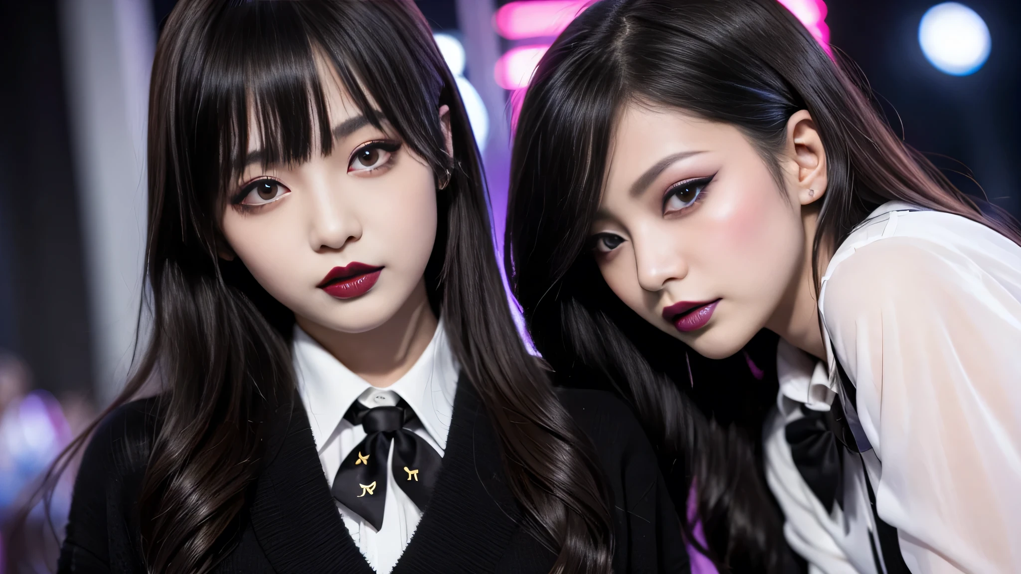 best quality、ultra-detailed、4k、Japanese、Seductive beauty、seductive adult woman、Pretty Woman、cool girl、Villainess、Brainwashed、brainwash、Fallen into evil、smirk、Evil look、Wicked Smile、evil、Brown hair、wavy hair、swept bangs、dark makeup、dark makeup、piercing eyes、hollow eyes,half-closed eyes、Hollow Eyes、purple Eyeshadow、black lipstick、black lipglos、student、uniform、Black cardigan、White Shirt、Black Ribbon、flare skirt、pantyhose、night、inside darkroom、Have lipstick、Emblem of Evil、Crest of Darkness、Swear allegiance、I have pledged my allegiance、Dye black、Blackening、Stained with evil、Dyed in darkness、Seduce