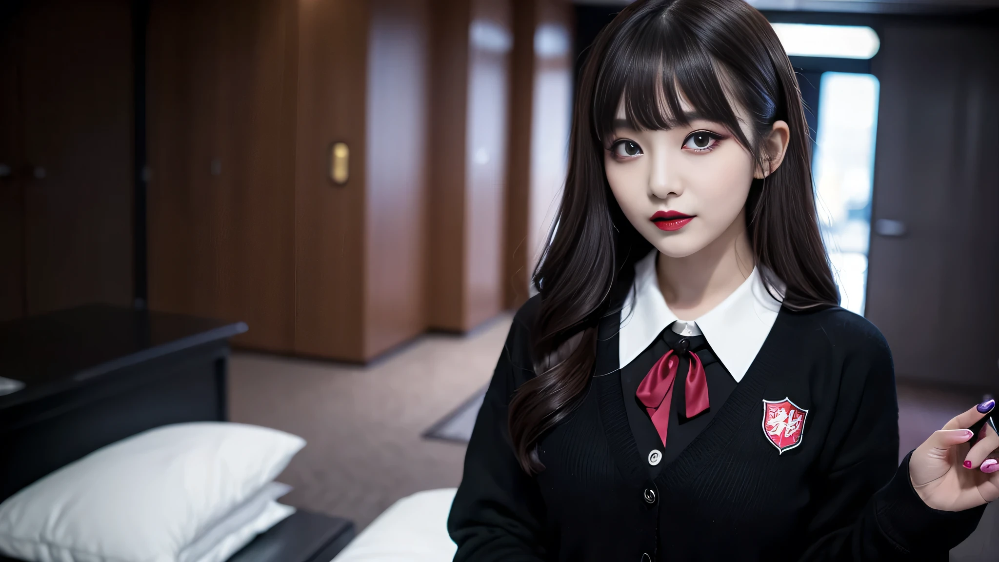best quality、ultra-detailed、4k、Japanese、Seductive beauty、seductive adult woman、Pretty Woman、cool girl、Villainess、Brainwashed、brainwash、Fallen into evil、smirk、Evil look、Wicked Smile、evil、Brown hair、wavy hair、swept bangs、dark makeup、dark makeup、piercing eyes、hollow eyes,half-closed eyes、Hollow Eyes、purple Eyeshadow、black lipstick、black lipglos、student、uniform、Black cardigan、White Shirt、Black Ribbon、flare skirt、pantyhose、night、inside darkroom、Have lipstick、Emblem of Evil、Crest of Darkness、Swear allegiance、I have pledged my allegiance、Dye black、Blackening、Stained with evil、Dyed in darkness、Seduce