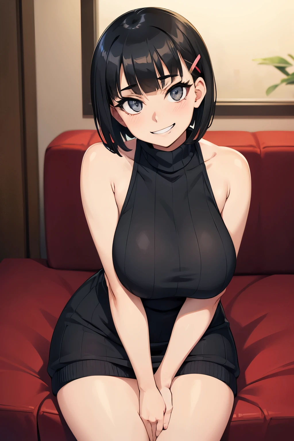 1 hot girl, dark hair, dark grey eyes, grin, gorgeous, kirigaya suguha, short hair, hairclip, sweater dress, sleeveless, bare legs, huge breasts