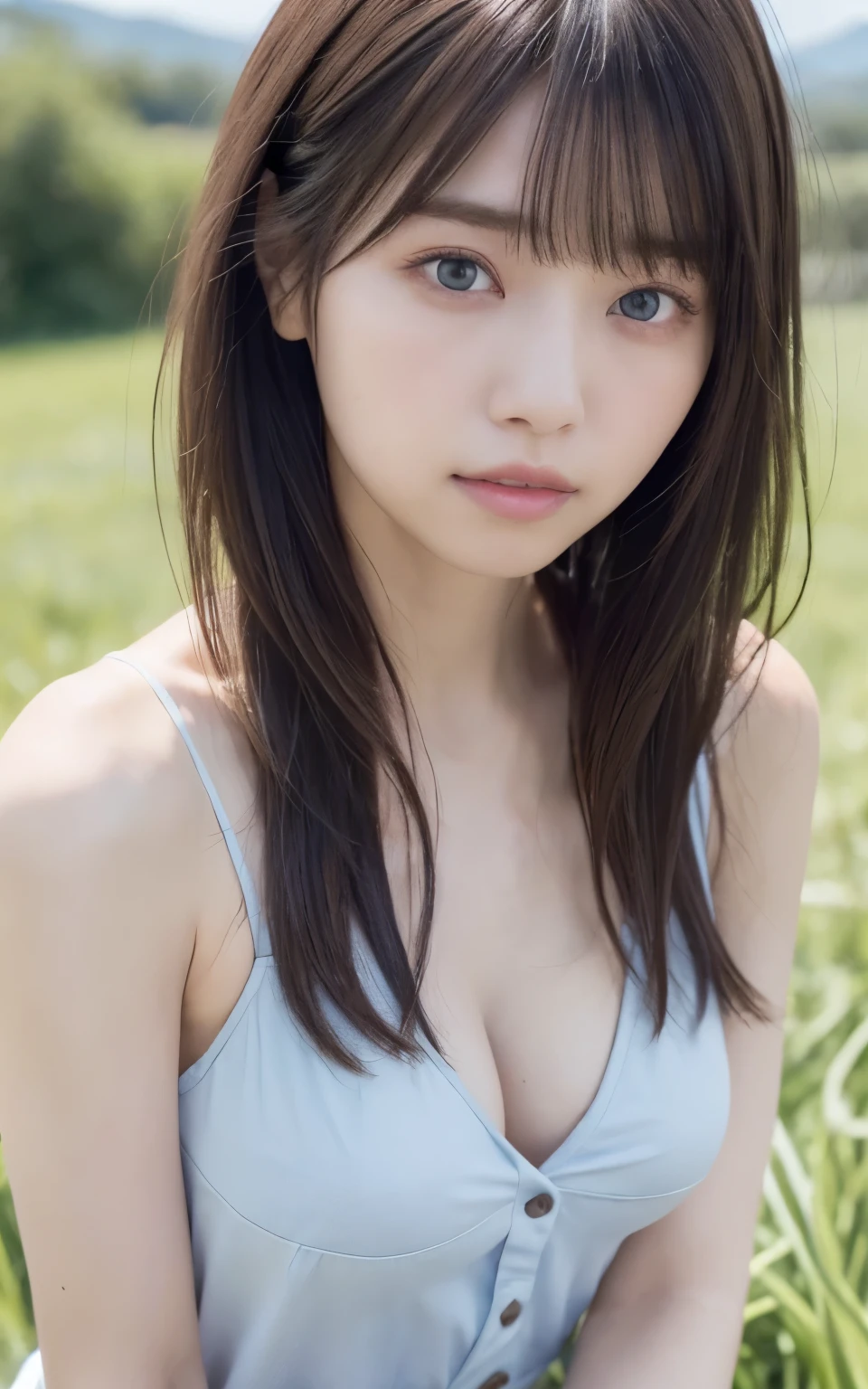 masterpiece, highest quality, 8k,Ultra-high resolution、Head to knee photo、 20th Generation, Large Breasts, cute, alone, sad, cute, girly, cute、Delicate girl, Pure beauty,  RAW Photos, Professional photography, Soft Light, Professional Lighting, blue sky、sun、Backlight,(Top of the Hill),(Tall green grassland:1.1), avert your eyes, Sophisticated, Film Grain, (Eye and facial details:1.0), Floating Hair、Messy Hair、Wavy long hair、Asymmetrical bangs, Round face、Young Face、(Large Breasts:1.4)、nipple protrusions are clearly visible,、Cleavage、(A loose white camisole、gather、button)、(Micro Mini Skirt(Grayish light blue))、Voluptuous thighs、Translucent white skin、dolly make、(Odd Eye、Heterochromia iridis、The irises of each eye are different colors)