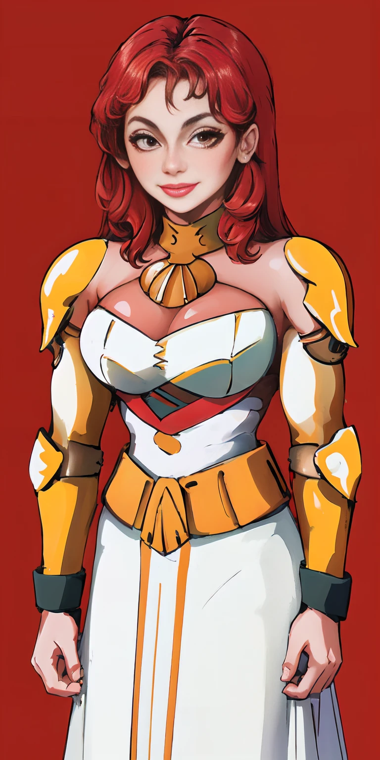 (masterpiece, best quality, 4k, 1girlsolo, 1MILF, mmplatz, smile, red cheeks, plain background:1.2) Funger, Female Knight