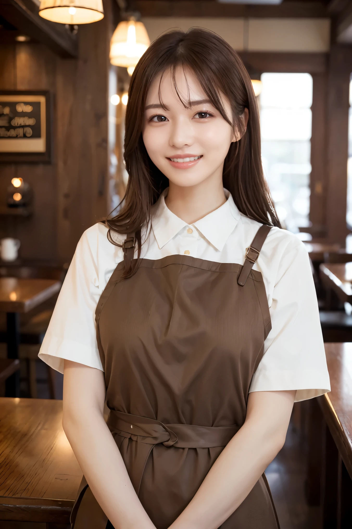 (highest quality、Tabletop、8k、Best image quality、Award-winning works)、Woman working in a café、The perfect brown apron、A classy shirt and apron、Big Breasts、(Accentuate your body lines:1.1)、Beautiful woman portrait、The most elegant and cozy cafe、The most natural cafe, Perfectly organized、The most atmospheric and warm lighting、Stylish and elegant cafe、Strongly blurred background、Look at me and smile、(Accurate anatomy:1.2)、Ultra high resolution perfect beautiful teeth、Ultra-high definition beauty face、Ultra HD Hair、Ultra HD The Shining Eyes、The Shining, Super high quality beautiful skin、Super high quality glossy lip