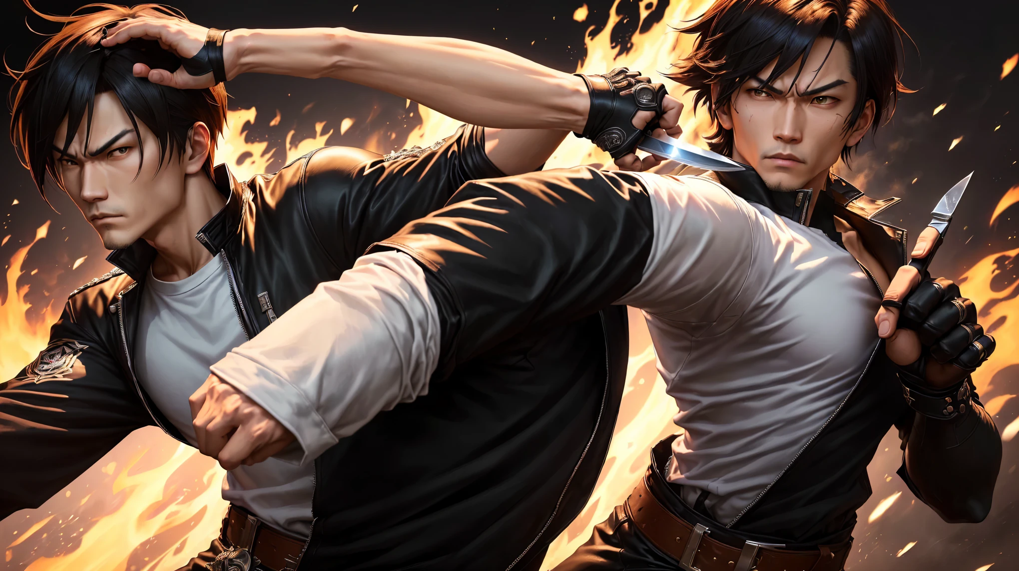 there is a man holding a knife in a street, character from king of fighters, fighting game character, as a character in tekken, king of fighters style, in the style of sifu 🔥 😎 🕹️ 👀 :2, tsurumaki kazuya, heavy gesture style closeup, kazuma kaneko, xqc, 8 k character details