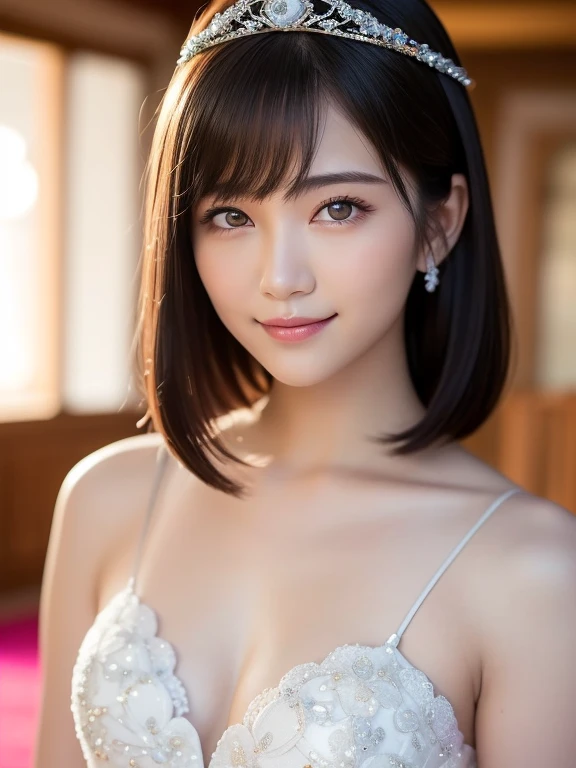 (highest quality:1.5)、(Realistic:1.5)、(1 person:1.5)、(Medium Shot:1.5)、Very detailed、High resolution、8k wallpaper、、Normal milk、Natural color lips、Cute Smile、Japanese women、20-year-old girl、Beautiful and elegant face、Perfect and beautiful face、Large, balanced eyes、Brunette's eyes、Beautiful and elegant face、Beautiful double eyelids、Natural Bangs、Beautiful thin nose、Beautiful Skin、Fair skin、Medium Bob Hair、Natural Bangs、Perfect and beautiful face、Slim face and figure、(Looking at the camera with a sweet smile)、Bright lighting、Professional Lighting、Forward lighting、Wedding dress、tiara、(純白の豪華なWedding dressを着て)、(Sit and pose on the red carpeted floor)