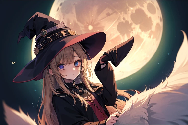 1girl, witch, full moon, relaxation, witch clothing set, Cinematic Angle
