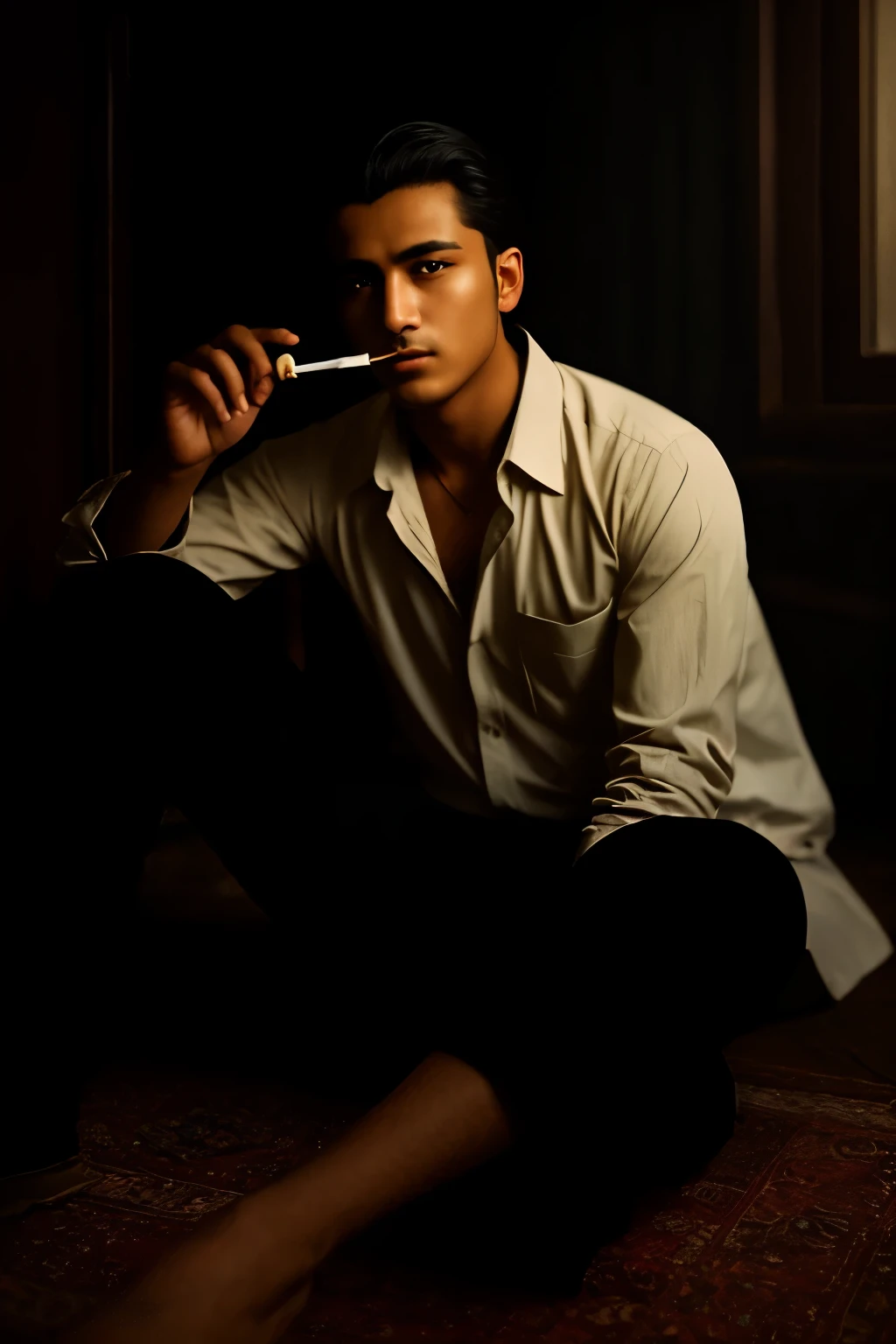 Baris Mancho, with a casual air, was engrossed in the embrace of a cigarette as he lounged in an obscure corner during his youthful days. The atmosphere clung thickly around him as the soft glow of the smoke billowed in the dimly lit surroundings. His eyes, filled with the allure of youth and mischief, shone mysteriously in the faint light. This evocative depiction captures the enigmatic charm of Baris Mancho in his younger years, a masterpiece that speaks of a time gone by. (Realistic photography, Smoky atmosphere, Young Baris Mancho, Mysterious gaze, Cigarette in hand, Cas