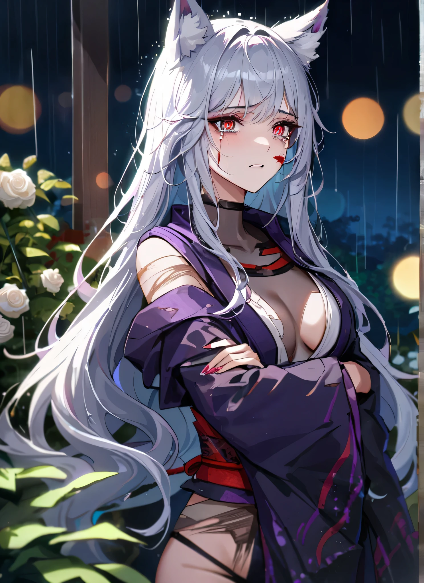 detail description,professional,vivid colors,bokeh,portraits
A gorgeous girl, wolf ears, wearing a damaged kimono samurai suit, a very ripped damaged kimono suit, missing parts of the suit, very ripped clothes, she's sad, tears, heartbroken, hurt, blood, dark garden, white roses, ultra detailed face, long eyelashes, sharp eyes, perfect make up, white ultra long hair, fullbody shot, garden, night, rain, dramatic scenario, cowboy shot, running in the rain