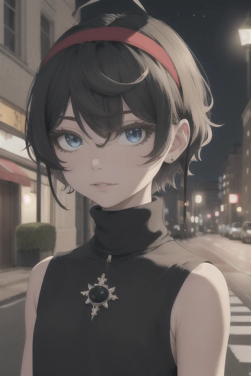 masterpiece,best quality,highres,ultra-detailed,aaginko,short hair,bangs,hair between eyes,black hairband,snowflake hair ornament,black choker,night,street,standing,sweater dress,(turtleneck:1.2),(sleeveless:1.2),