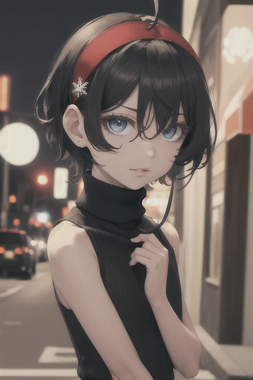 masterpiece,best quality,highres,ultra-detailed,aaginko,short hair,bangs,hair between eyes,black hairband,snowflake hair ornament,black choker,night,street,standing,sweater dress,(turtleneck:1.2),(sleeveless:1.2),