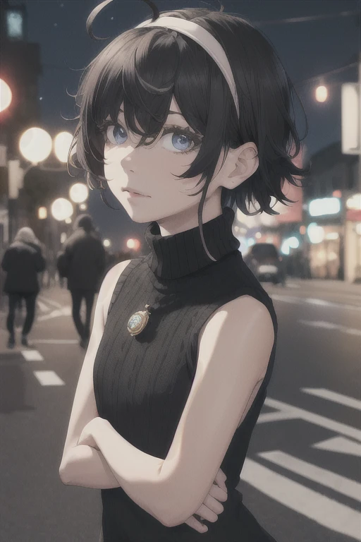 masterpiece,best quality,highres,ultra-detailed,aaginko,short hair,bangs,hair between eyes,black hairband,snowflake hair ornament,black choker,night,street,standing,sweater dress,(turtleneck:1.2),(sleeveless:1.2),