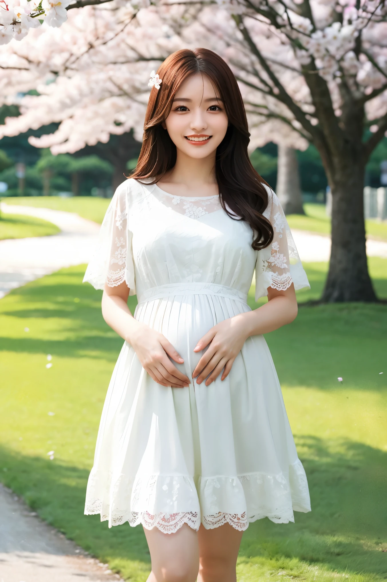 (highest quality、masterpiece、8k、Best image quality、Award-winning works)、1 female、A walk in the park、(pregnancy:1.1)、(alone:1.1)、(1 photo:1.1)、Elegant maternity wear、See-through maternity wear、Lace ornament、Perfect Makeup、thin、The biggest smile is looking at me、Standing full body photo、(Perfect Anatomy:1.2)、Blurred cherry blossoms in full bloom in the background,、big grass park、Refreshing atmosphere、very bright and vivid、Beautiful eyes in ultra-high resolution、Ultra high resolution perfect beautiful teeth、Ultra-high definition beauty face、Ultra HD beautiful hair、Perfect teeth alignment