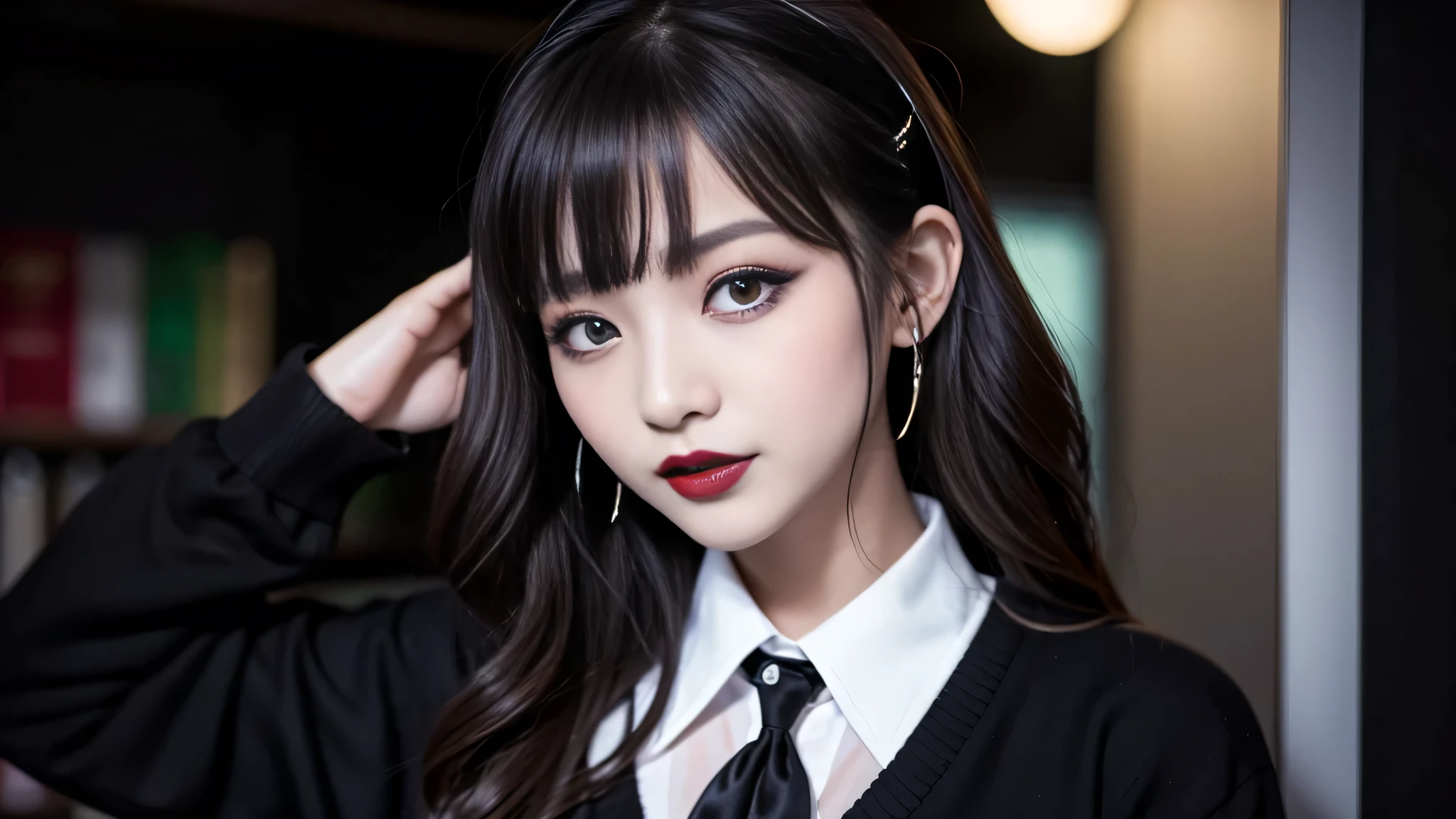 best quality、ultra-detailed、4k、Japanese、Seductive beauty、seductive adult woman、Pretty Woman、cool girl、Villainess、Brainwashed、brainwash、Fallen into evil、smirk、Evil look、Wicked Smile、evil、Brown hair、wavy hair、swept bangs、dark makeup、dark makeup、piercing eyes、hollow eyes,half-closed eyes、Hollow Eyes、purple Eyeshadow、black lipstick、black lipglos、student、uniform、Black cardigan、White Shirt、Black Ribbon、flare skirt、pantyhose、night、inside darkroom、Have lipstick、Emblem of Evil、Crest of Darkness、Swear allegiance、I have pledged my allegiance、Dye black、Blackening、Stained with evil、Dyed in darkness、Seduce