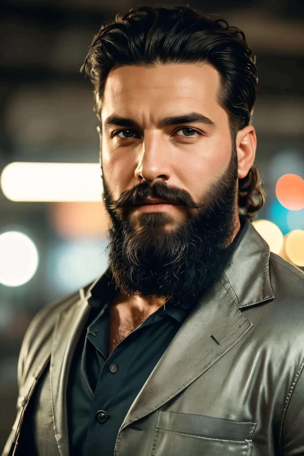 Portrait photo of a bearded, muscular man in a worn mechanic suit, pelo largo ((bokeh claro)), intrincado, (metal de acero [oxide]), elegant, Sharp focus, foto de greg rutkowski, Soft lighting, Colores vibrantes, Obra maestra, ((calles)), cara detallada