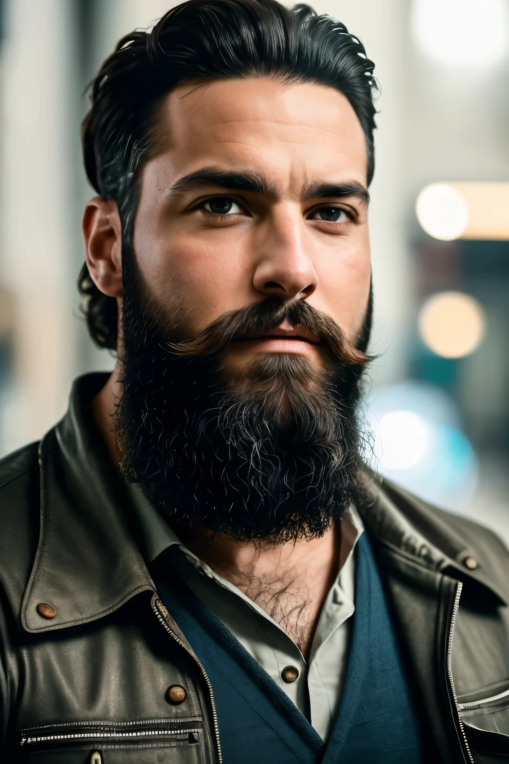 Portrait photo of a bearded, muscular man in a worn mechanic suit, pelo largo ((bokeh claro)), intrincado, (metal de acero [oxide]), elegant, Sharp focus, foto de greg rutkowski, Soft lighting, Colores vibrantes, Obra maestra, ((calles)), cara detallada