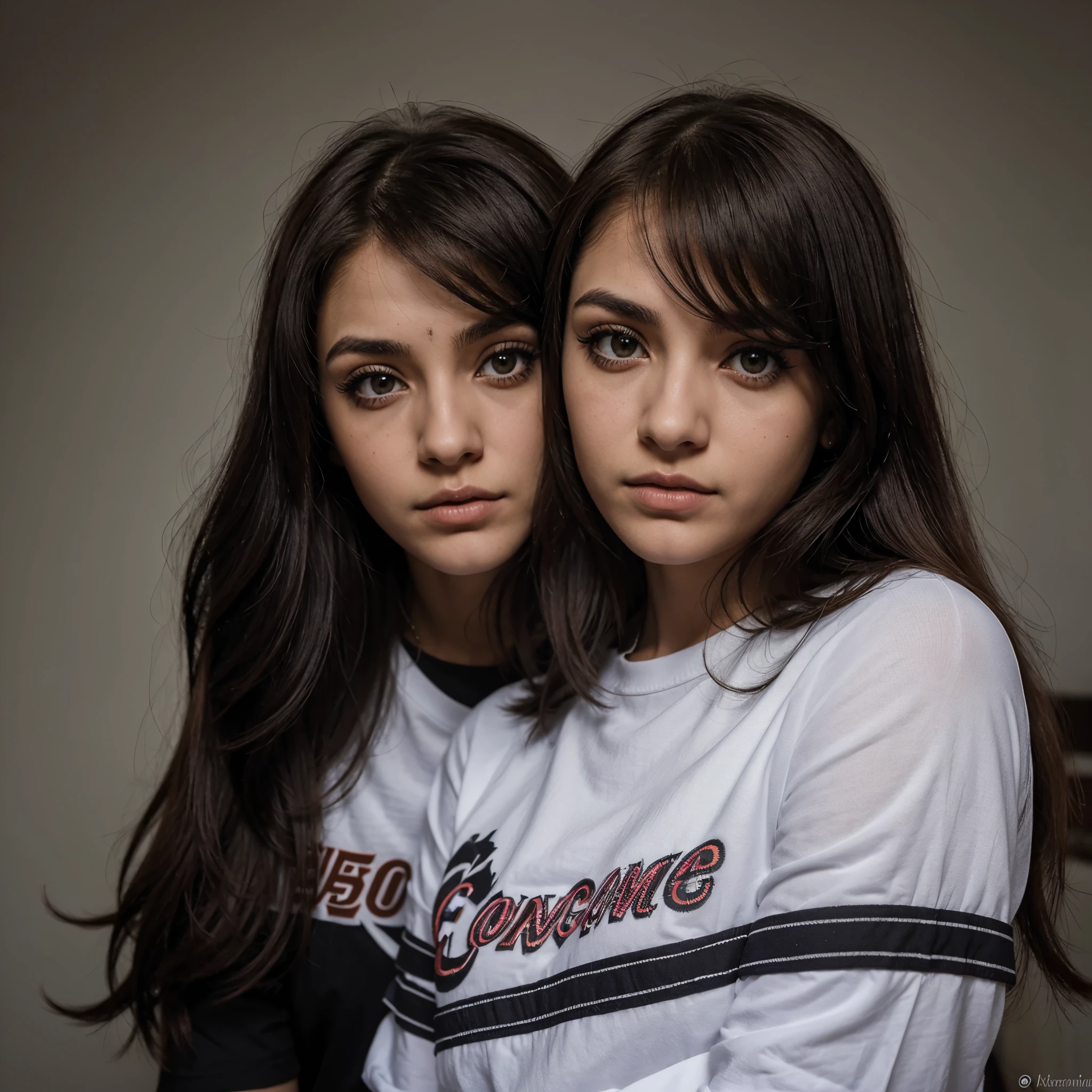 Adolescente emo de pele parda, iris dos olhos vermelhas, cabelos longos e lisos da cor preta bem longos, serious countenance. estilosa e mau-humorada