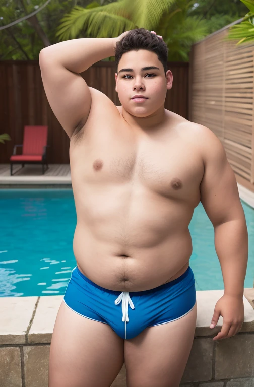 Young man aged 17, chubby, extremely thick thighs, large belly, wearing only gray or blue or black or white or red swimming trunks. He doesn't wear clothes. He's gesturing with his hands. He is sitting in the luxurious armchair. He holds a cell phone in his hand. He wears a gold watch on his wrist. He wears several Nordic bracelets on his wrist.. He wears a Nordic chain around his neck or he wears a gold chain around his neck. wearing sunglasses. wearing hat, wearing cap.