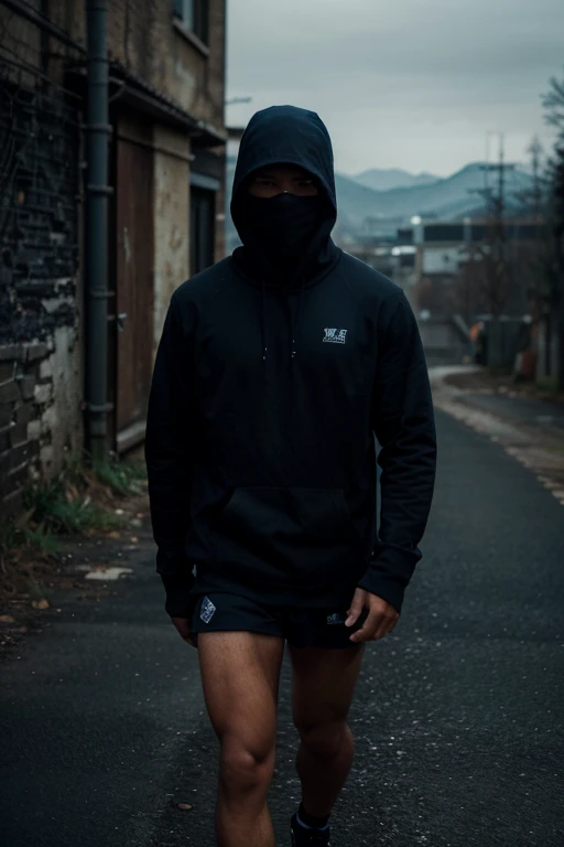 Make a wallpaper that is dark and dark inside, blue color is also used a little, I will be in the middle and wear a black hoodie, my face will be dark and it will not be obvious, I will have my hat on my head and I will look powerful, I will be an athletic man, and my face will not be obvious, the environment It should also be dark, my face is not clear and my face is black, and my distance from the camera should be far so that my legs and body can be seen.