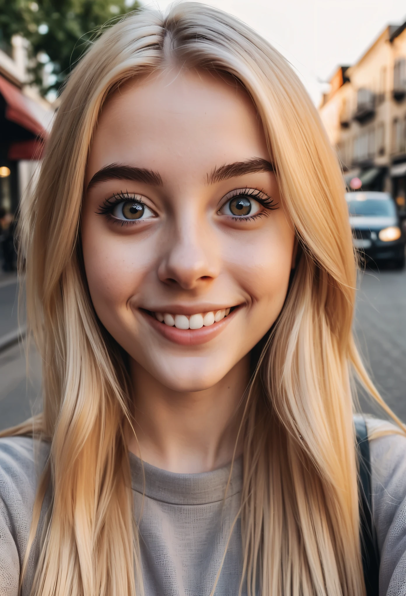 photography, high detail, realistic, Instagram, iphone selfie of 20 yo woman with blonde straight hair and big eyes, fair skin, smiling, in the streets