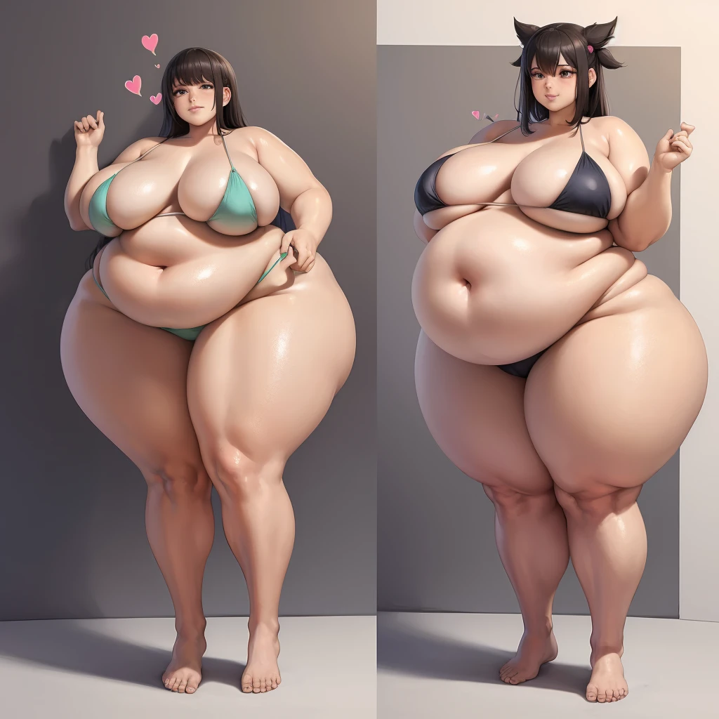 A young woman in a bikini, massive bloated overstuffed very heavy belly, hyper massive fat tall wide round heavy heart shaped bubble butt, very wide fat hips, massive fat round heavy breasts, deep long cleavage, weight gain, popped navel,