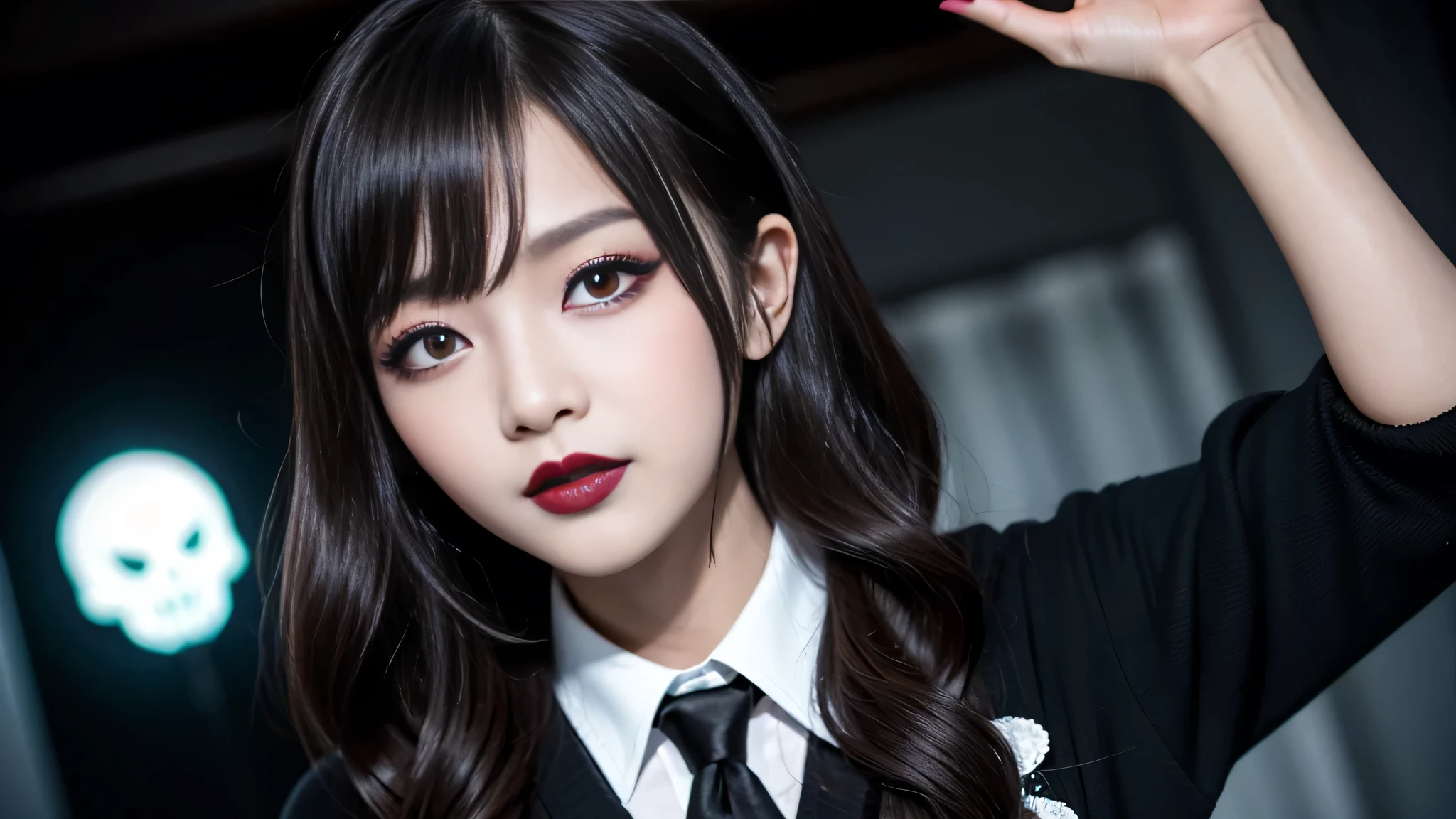 best quality、ultra-detailed、4k、Japanese、Seductive beauty、seductive adult woman、Pretty Woman、cool girl、Villainess、Brainwashed、brainwash、Fallen into evil、smirk、Evil look、Wicked Smile、evil、Brown hair、wavy hair、swept bangs、dark makeup、dark makeup、piercing eyes、hollow eyes,half-closed eyes、Hollow Eyes、purple Eyeshadow、black lipstick、black lipglos、student、uniform、Black cardigan、White Shirt、Black Ribbon、flare skirt、pantyhose、night、inside darkroom、Have lipstick、Emblem of Evil、Crest of Darkness、Swear allegiance、I have pledged my allegiance、Dye black、Blackening、Stained with evil、Dyed in darkness、Seduce