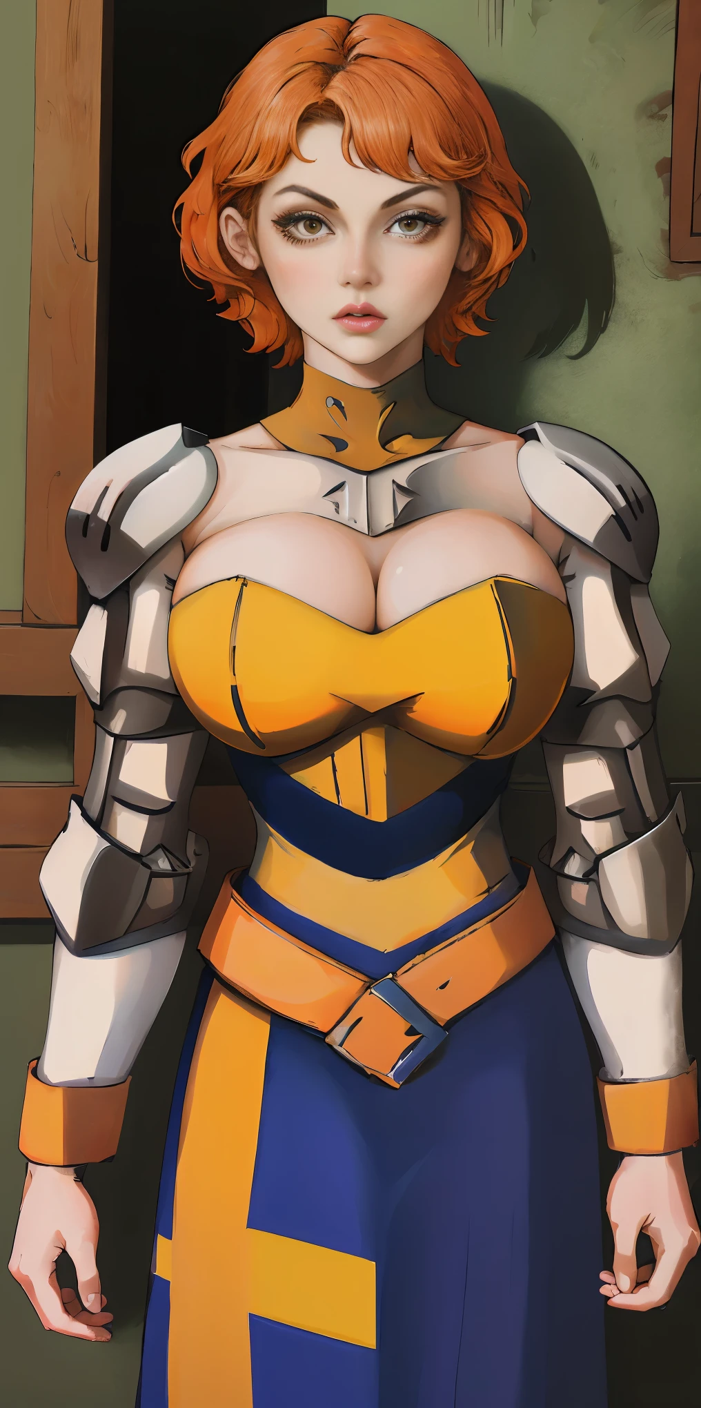 funger, very detailed illustration, 1girl, big breasts, high res high quality, masterpiece, looking at viewer, (knight), orange hair, absurdness, ultra-detailed, short hair