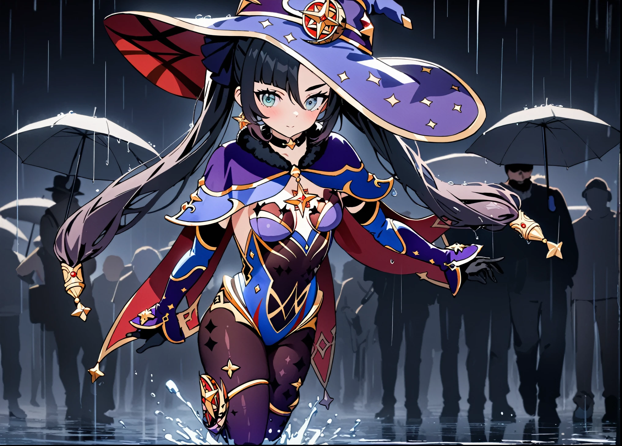 (8k, best quality, masterpiece:1.2),\(Eye details\),\(Facial features details\),(\(Clothes details details\)\)(Facial highlights),(1 girl:1.3),solo,full body,Mona(Genshin Impact),Blue witch hat,Black jumpsuit,Soaked,The character stands in the middle,Heavy rain in the background,Other pedestrians holding umbrellas walking around the character,Background passers-by are alienated from the characters,Large space around the character,Dark blue background,high real background。