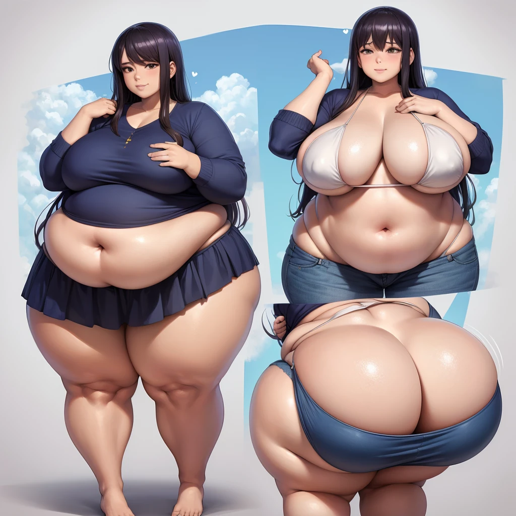 A young woman in a bikini, massive bloated overstuffed very heavy belly, hyper massive fat tall wide round heavy heart shaped bubble butt, very wide fat hips, massive fat round long very heavy breasts, deep long cleavage, weight gain, popped navel,