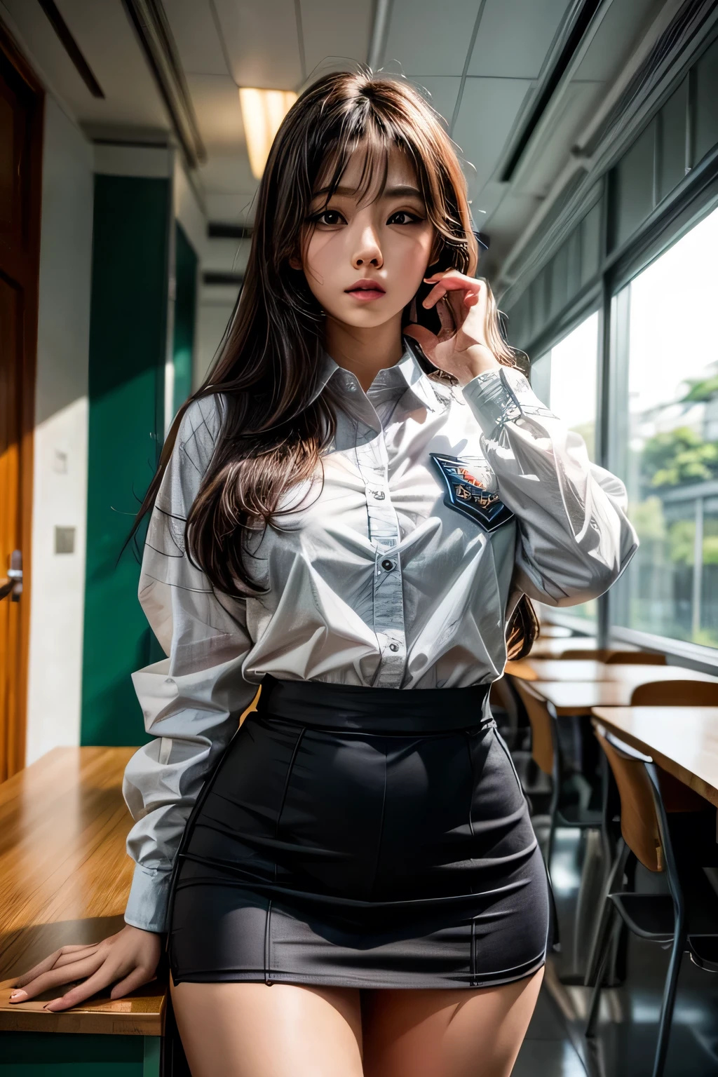 Mulher bonita, pele escura, Asian, ela parece nervosa, faculdade particular, uniforme, saia, decote, sala de aula, pose sexy