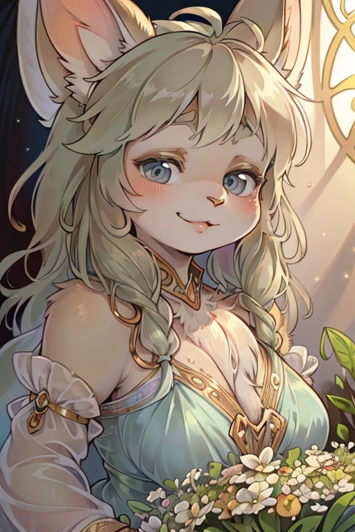 (Alphonse Mucha style:1.3) , hairy bunny mom , (realistic hairy bunny fur:1.5) , round face , (tilt face:1.2) , (half-open eyes:1.5) , moist round eyes , Swollen cheeks , Seduction smile , glossy lips , Voluminous Curly hair , neat dress , twilight , Adorable gestures , dynamic angle , nag factor , Gently guide