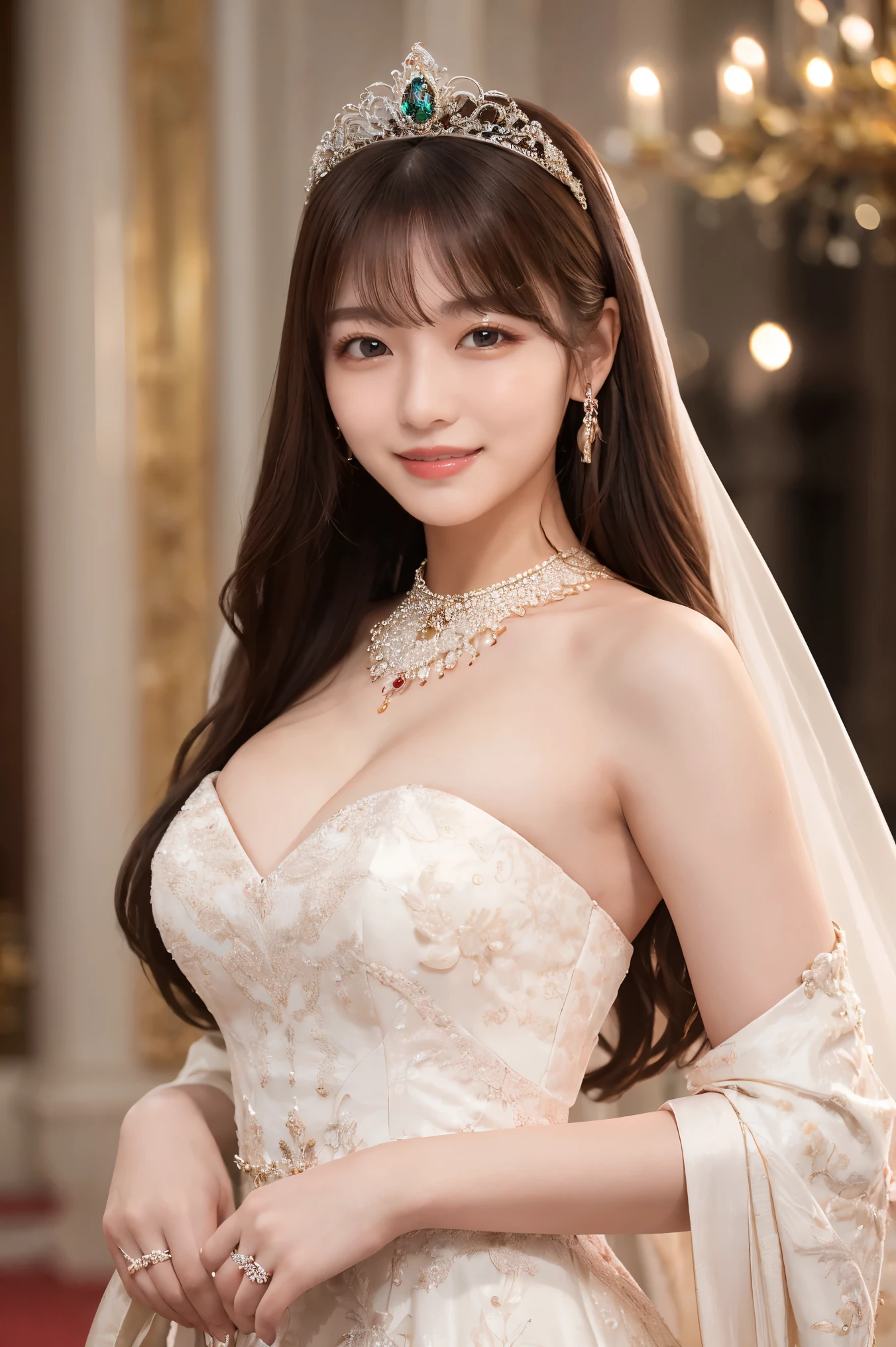 (Tabletop、highest quality、8k、Extremely fine and exquisite detail、The most complex and detailed textures、Ultra-high resolution)、(A princess in a wedding dress:1.1)、(The most gorgeous and luxurious princess wedding dress:1.2)、(Perfect top-quality wedding lace:1.1)、(最も贅沢なhighest qualityの巨大なティアラ:1.2)、(The ultimate tiara with huge jewels:1.1)、(Huge jewelry top-end necklace:1.1)、(最も贅沢なhighest qualityの巨大なネックレス:1.2)、(The most extravagant wedding dresses with a plethora of jewellery:1.1)、(A luxurious wedding dress with intricate and beautiful details:1.1)、Cleavage、Large Breasts、The most luxurious and elegant decoration、Upper body photo、The most luxurious palace wedding、An elegant and modern palace、Gorgeous palace、Blurred Background、Upper body photo、The best smile when he sees me、The most luxurious palace wedding、Perfect heavy makeup