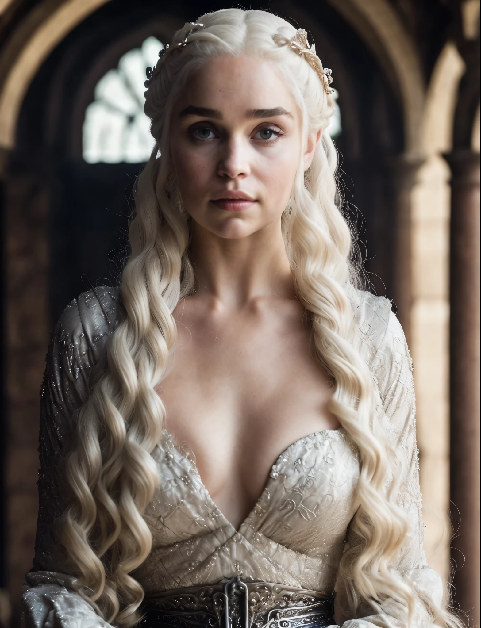 Royal Satin dress, Perfect eyes, flawless Beauty, pierced eyes, Masterpiece, Daenerys Targaryen, Gorgeous woman, queen, beautiful braided hair, thick figure, curvy, Queen Lady, Princess of Dragonstone, black mole on breast, The Unburnt, Queen of Meereen, Queen of the Andals, the Rhoynar and the First Men (claimant), Protector of the Seven Kingdoms (claimant), Khaleesi of the Great Grass Sea, Breaker of Shackles, Mother of Dragons, The One Who Was Promised, Lady of Dragonstone , 45 years Old, she is a Full growned lady now, beautiful mature lady, the queen, milf beauty, mature queen, Best quality, a small, charming Beauty, a captivating woman, fully ripen milf body, lustful queen, alluring appearance, unrivaled beauty, wonderful breasts, large breasts, mediaeval erotic costumes, a Game of Thrones-inspired costume, a close-up of a woman from the middle ages, Daenerys Targaryen, Daenerys, resembles Emilia Clarke, Emilia Clarke, scene from "Game of Throne," deep cleavage, warrior princess, healthy body, perfect thick body, attractive figure, fleshy body, style of "Game of Throne," beautiful lady, beautiful woman, mediaeval clothes, stunning woman, 8K, insane details, dress made of clothes and jewelry, perfect hair, styled hair, high clarity eyes, perfect hands, perfect fingers, perfect eyes