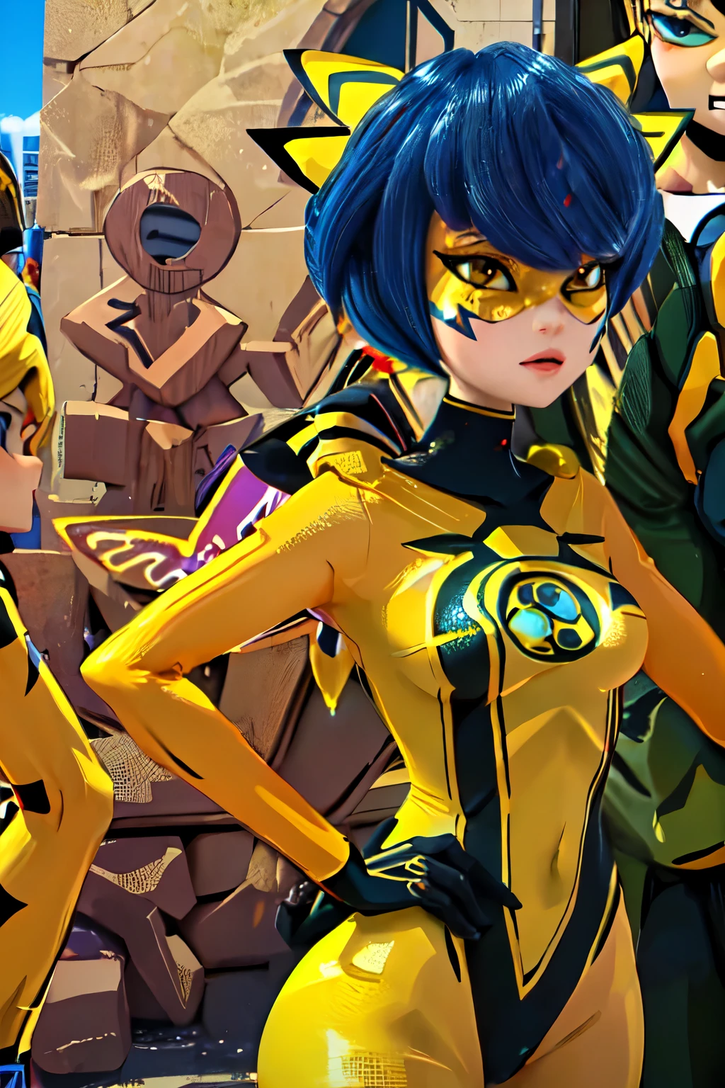 Close-up of a cartoon character of a woman wearing a bee costume, a digital rendering by Tadashi Nakayama, Reddit, cobra, silk ghost, based on Bumblebee, Bumblebee, X-Man Yellow Costume, Human bee structure concept art, wasp, Insect trainer girl, bee movie, full body close up shot, 🐝👗👾, Mayan Bee