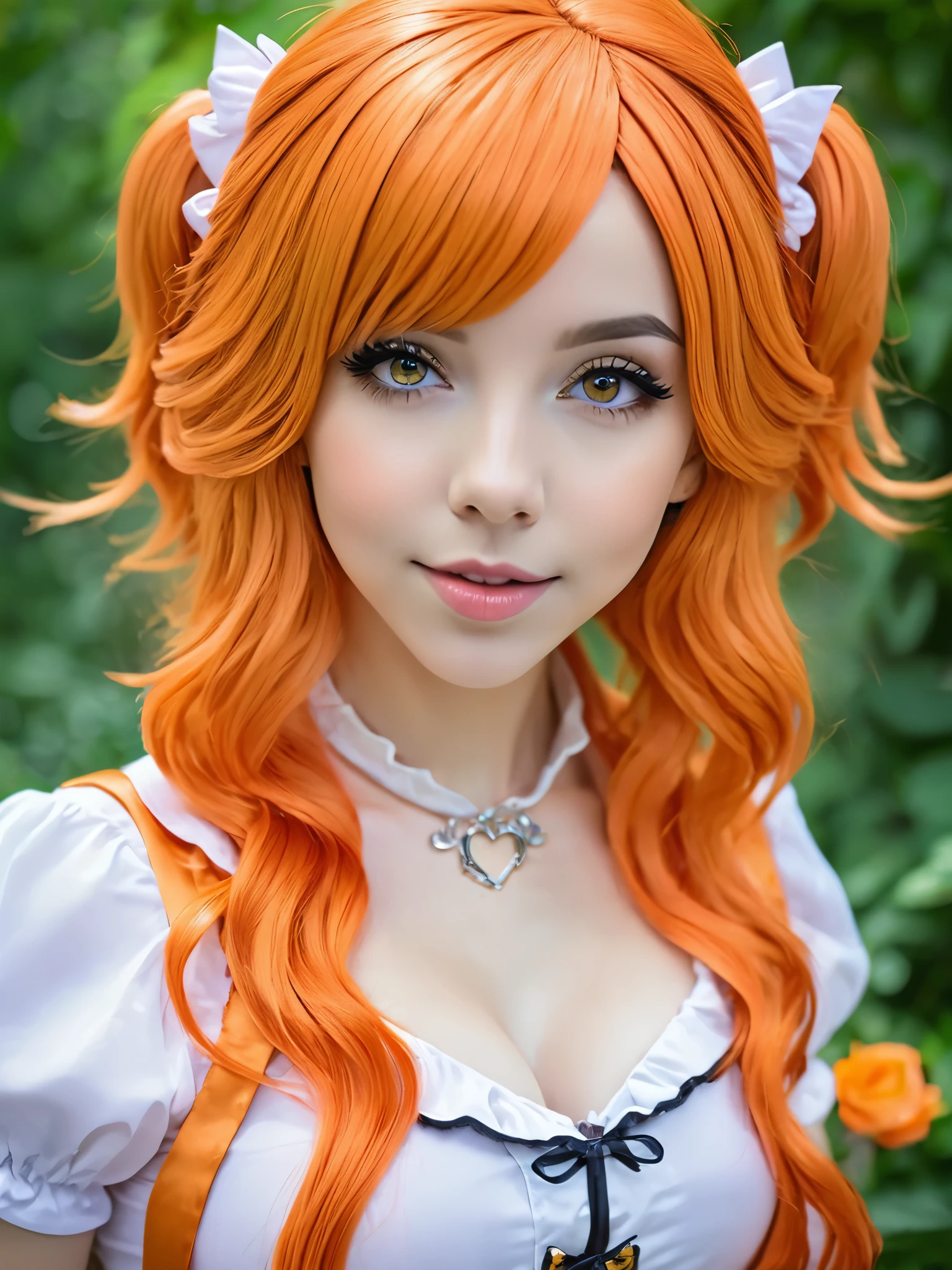 there is a woman with Rote Haare posing for a picture, amouranth, besser bekannt als Amouranth, Abonnieren, Amouranth als Superschurke, madison beer as Abonnieren, Rote Haare, Cosplay costume, orange leuchtendes Haar, Young beautiful Amouranth, belle delphine, karottenfarbenes Haar, Abonnieren outfit, ayaka Cosplay costume