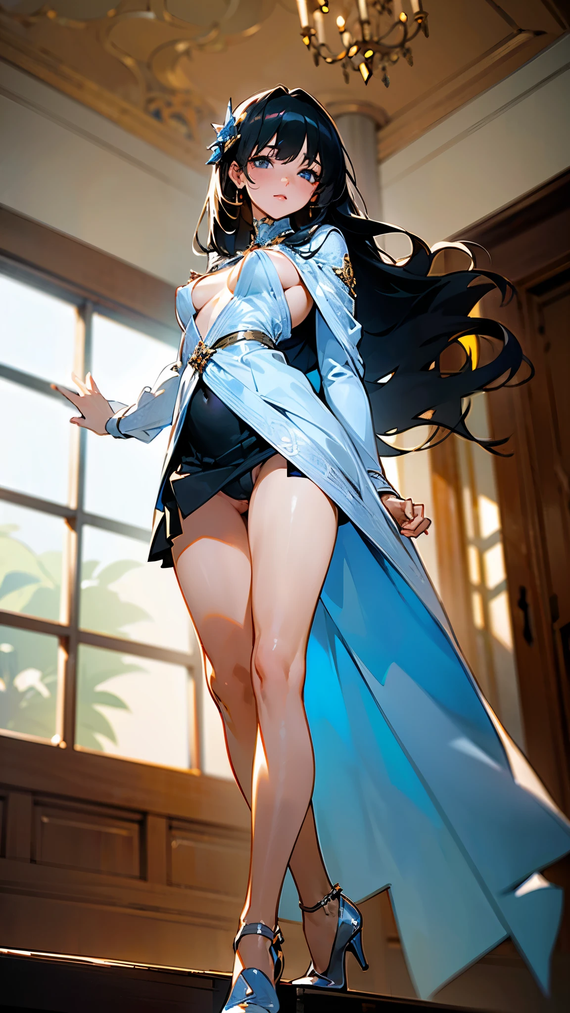 (Realistic:1.3), (masterpiece:1.2), (photoRealistic:1.2), (highest quality), (Detailed skin:1.3), (Intricate details), Reduces light reflections, 1 woman, 19 years old, Detailed skin texture, (blush:0.6), Scattered beneath the surface, smile, Shyness, Black Hair, Straight Hair, medium Long Hair, Calm hair, bangs, Hair between the eyes, Hair volume is low, Sparkling blue eyes, Lens Eye, Light reflection in the eyes, Symmetrical eyes, looking at the camera, hair ornaments, Wearing dress, Floral prints on clothes,
skirt, ((white gold dress)), She has only two legs, Two arms, Five fingers, Two joints in the fingers,
high heels,
Describe from shin to head, (from below), Inside the room, ((Do not cover the crotch)), ((black g-string panty)), tiny panty, ((vagina)), Perfect body balance, good legs, slim legs, spread her legs very wide, ((roll up skirt with her hands)), separate Panties from clothes, left and right legs the same thickness, ((big tits)), nipple, (under boob), ((stand in the room)), (camel toe), standing on one leg, (Step on the table next to her with one foot), The hem of the skirt flows to the side, Smooth Skin, Big , Natural light, ((pussy)),