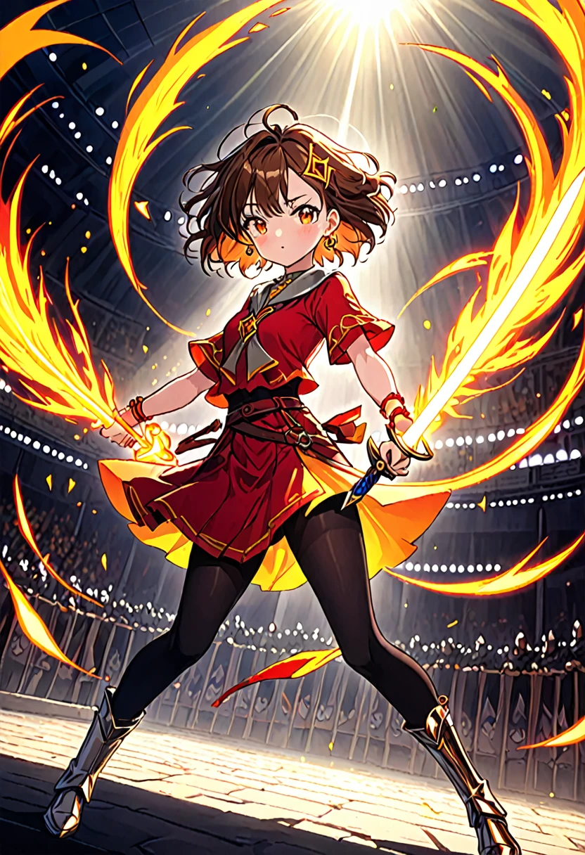 kawaii anime, cute girl, short brown hair, wind effect shaking her hair, wearing red earrings, detailed yellow eyes, serious expression but with blush on her face, holding a sword with both hands, long red blouse to the knees, magical triangular symbol on her blouse, orange bracelets on her arms, a slightly sensual pose, magical aura of fire around her body, black tights with orange details, wearing silver boots, in the middle of a medieval arena, details of sun rays passing through the sword and reflecting on the screen, solarpunk, rtx graphics, dynamic pose