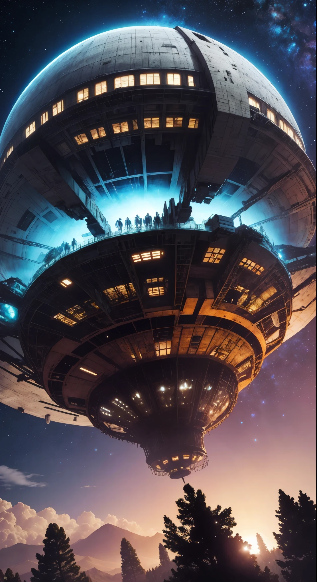 Imagine the inside of a partially destroyed bio-organic alien ship, with internal structures that look like a mix between technology and biological tissue. The scene is seen from an elevated and distant position, allowing you to see the colossal size of the environment and giving a feeling of immensity. Through the gaps in the ship, se puede ver el espacio exterior lleno de estrellas, con algunas luces brillantes y tenues que sugieren planetas o naves a lo lejos.