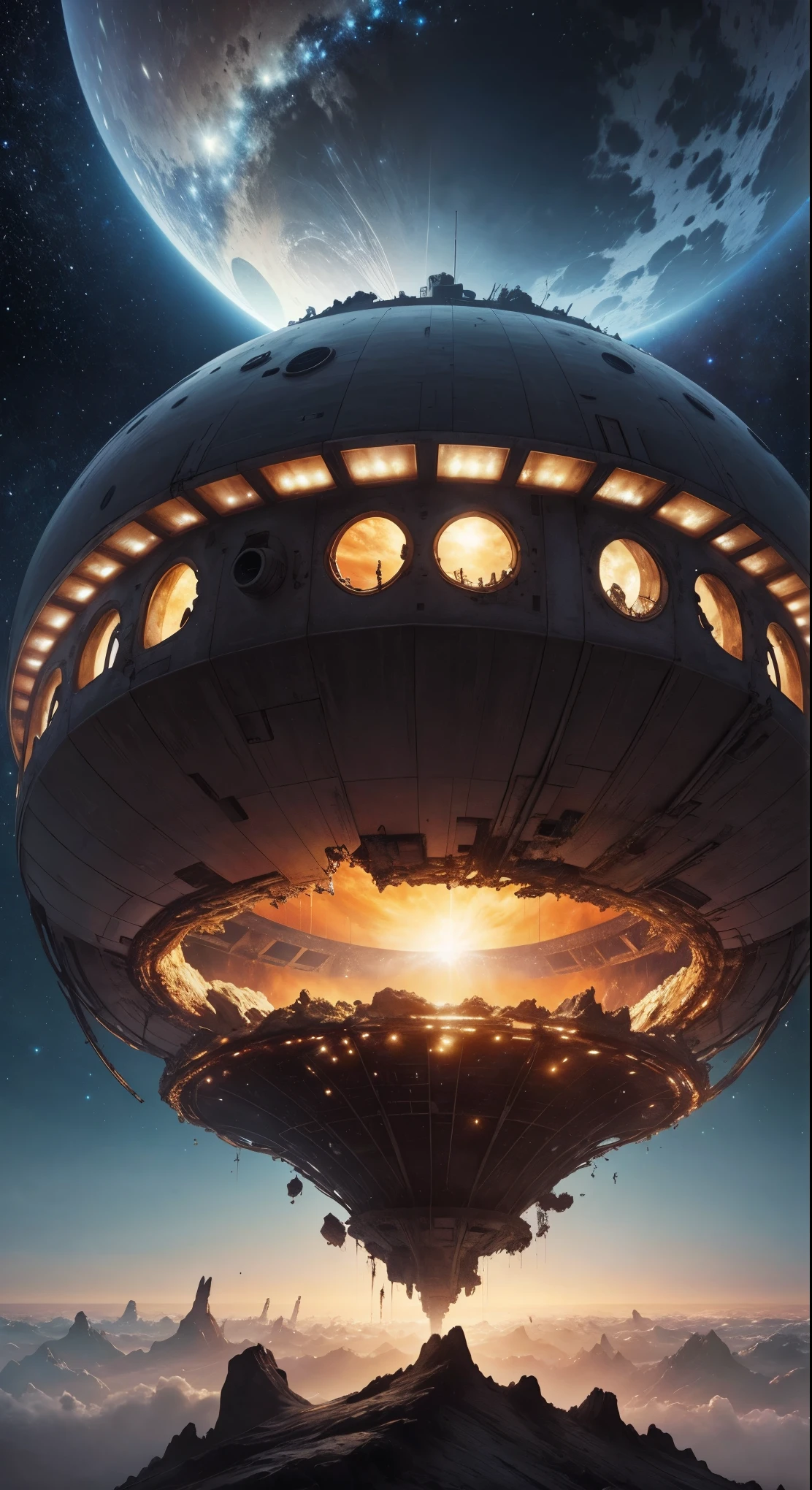 Imagine the inside of a partially destroyed bio-organic alien ship, with internal structures that look like a mix between technology and biological tissue. The scene is seen from an elevated and distant position, allowing you to see the colossal size of the environment and giving a feeling of immensity. Through the gaps in the ship, se puede ver el espacio exterior lleno de estrellas, con algunas luces brillantes y tenues que sugieren planetas o naves a lo lejos.