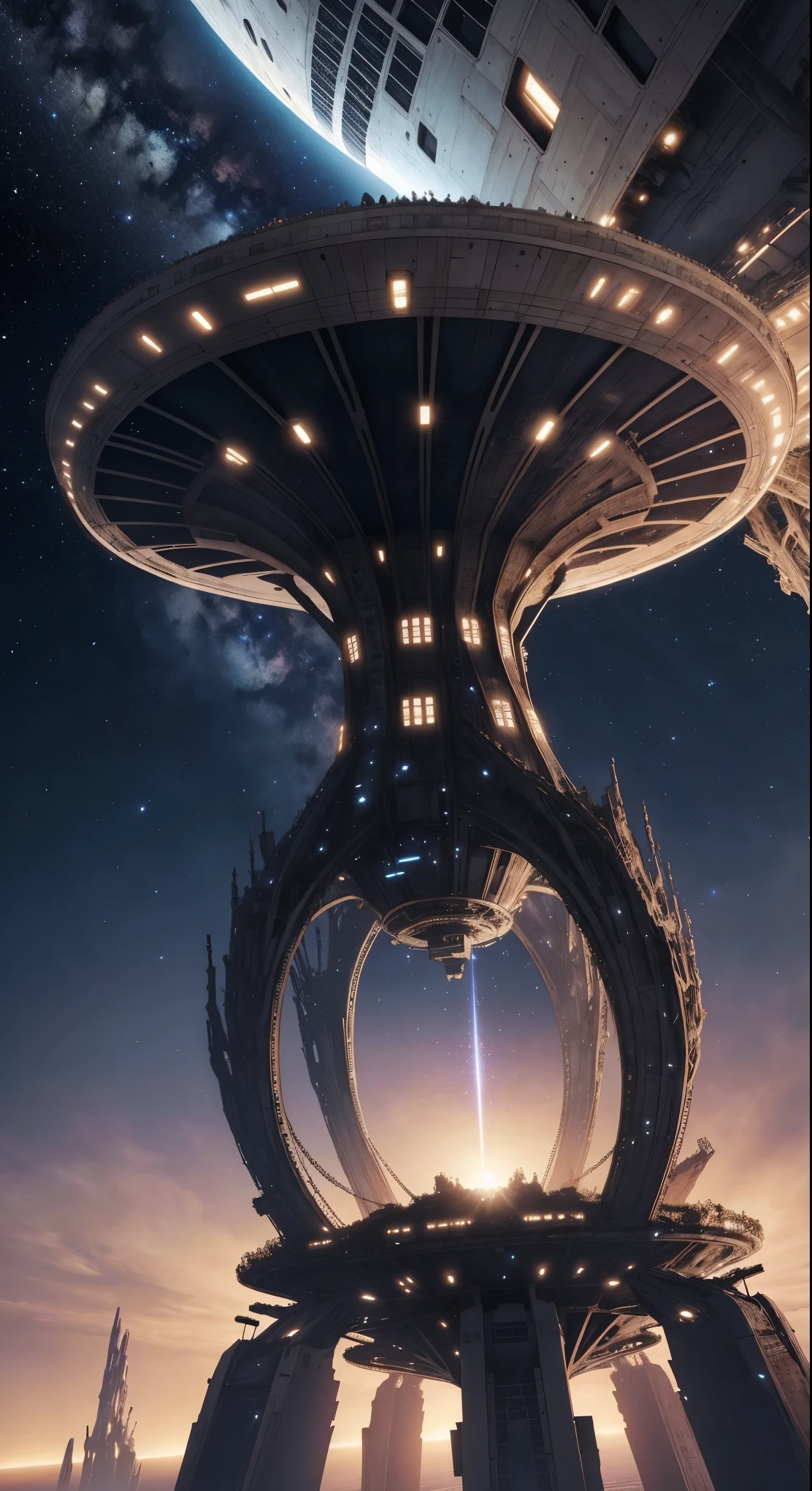 Imagine the inside of a partially destroyed bio-organic alien ship, with internal structures that look like a mix between technology and biological tissue. The scene is seen from an elevated and distant position, allowing you to see the colossal size of the environment and giving a feeling of immensity. Through the gaps in the ship, se puede ver el espacio exterior lleno de estrellas, con algunas luces brillantes y tenues que sugieren planetas o naves a lo lejos.