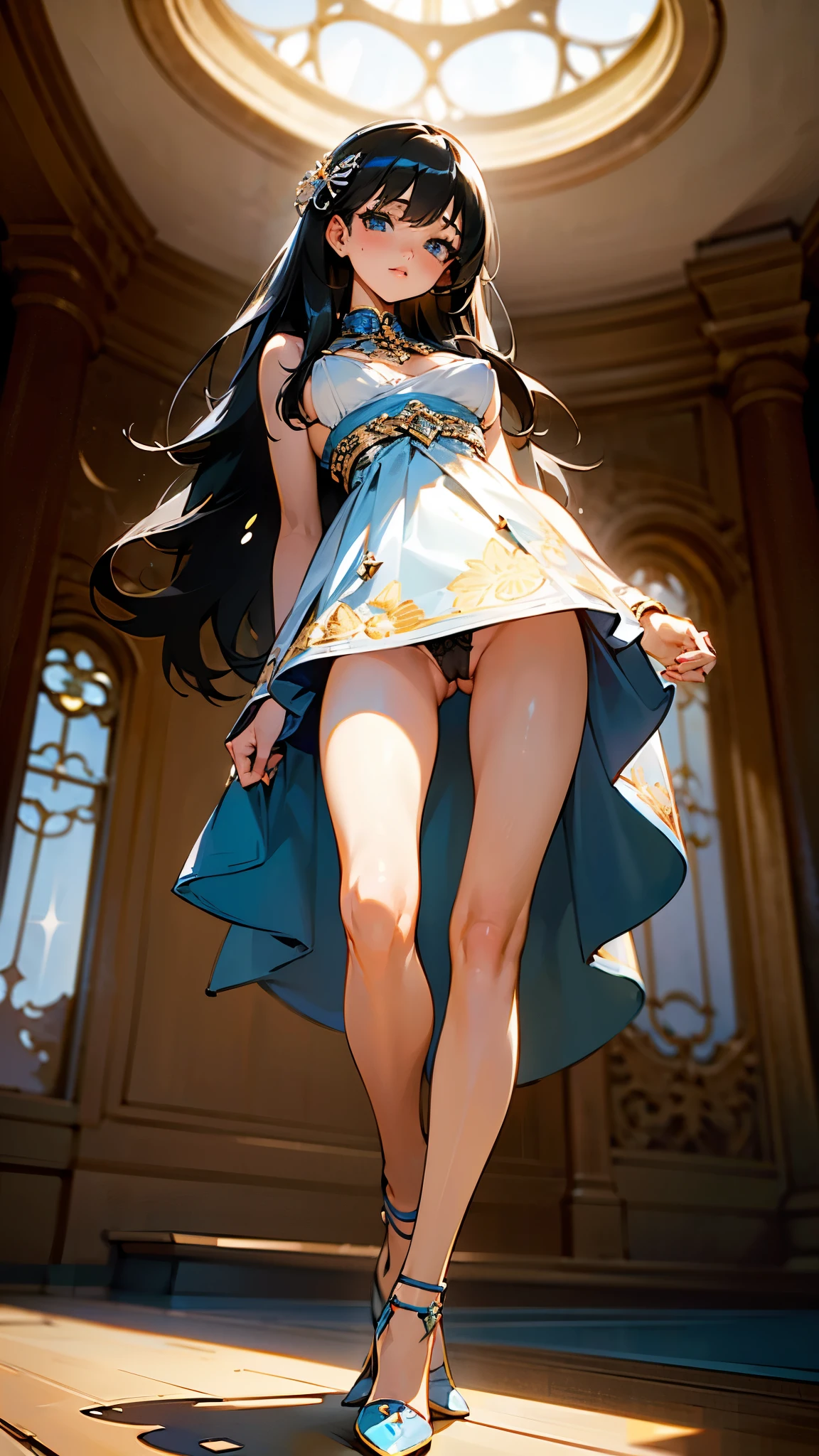 (Realistic:1.3), (masterpiece:1.2), (photoRealistic:1.2), (highest quality), (Detailed skin:1.3), (Intricate details), Reduces light reflections, 1 woman, 19 years old, Detailed skin texture, (blush:0.6), Scattered beneath the surface, smile, Shyness, Black Hair, Straight Hair, medium Long Hair, Calm hair, bangs, Hair between the eyes, Hair volume is low, Sparkling blue eyes, Lens Eye, Light reflection in the eyes, Symmetrical eyes, looking at the camera, hair ornaments, Wearing dress, Floral prints on clothes, 
skirt,  ((white gold dress)), She has only two legs, Two arms, Five fingers, Two joints in the fingers, 
high heels, 
((Describe from shin to head)), (from below), Inside the room, ((Do not cover the crotch)), ((black g-string panty)), tiny panty, ((vagina)), Perfect body balance, good legs, slim legs, spread her legs very wide, ((roll up skirt with her hands)), separate Panties from clothes, left and right legs the same thickness, ((big tits)), nipple, (under boob),  ((stand in the room)),  (camel toe), standing on one leg, (Step on the table next to her with one foot), The hem of the skirt flows to the side, Smooth Skin, Big , Natural light, ((pussy)), Larger depictions of people