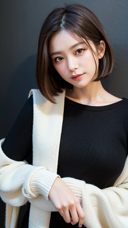 (((Close-up of face)))、(((Absolutely shoulder-length brown straight short bob)))、(((She is posing like a hair salon model, with a black wall indoors as the background.)))、(((Casual black winter long sleeves with shoulders covered)))、Half Japanese, half Korean、18 year old girl、Standing Alone、Looking forward、Light eye makeup、Brown Hair Color、Flat and 、Hair blowing in the wind、Actress Quality、Glossy, ultra-realistic face、Smiling face、Watery eyes、Gazing Up、Subtle lighting effects、 Ultra-Realistic Capture、Very detailed、High resolution 16K close up of human skin。Skin texture must be natural、The details must be such that pores can be clearly seen、The skin is healthy、Uniform tone、Use natural light and colors、A worn-out, high-quality photo taken by a model agency&#39;s in-house photographer.、smile、(((SIGMA 300 mm F/1.4,1/1000 sec shutter,ISO 400))) 