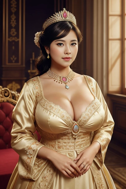 queen chubby, photo vintage, visage feminin parfait, , tache de rousseur, 1888, big huge breasts size : 48k ,FRONT VIEW, Rembrandt LIGHT ,  EXTREME LONG V-NECK, VERY BIG CLEAVAGE, VERY ENORMOUS TITS, BEAUTIFUL EYES, BEAUTIFUL HANDS, LIGHT SMILES,  PERFECT FACE, tres long décolleté, CASTLE BACKGROUND, QUEEN, NECKLACE, RING, JEWELERY RICH, SFW, FULL BODY, COLORFUL, KOREAN,  ROYAL lingerie, 