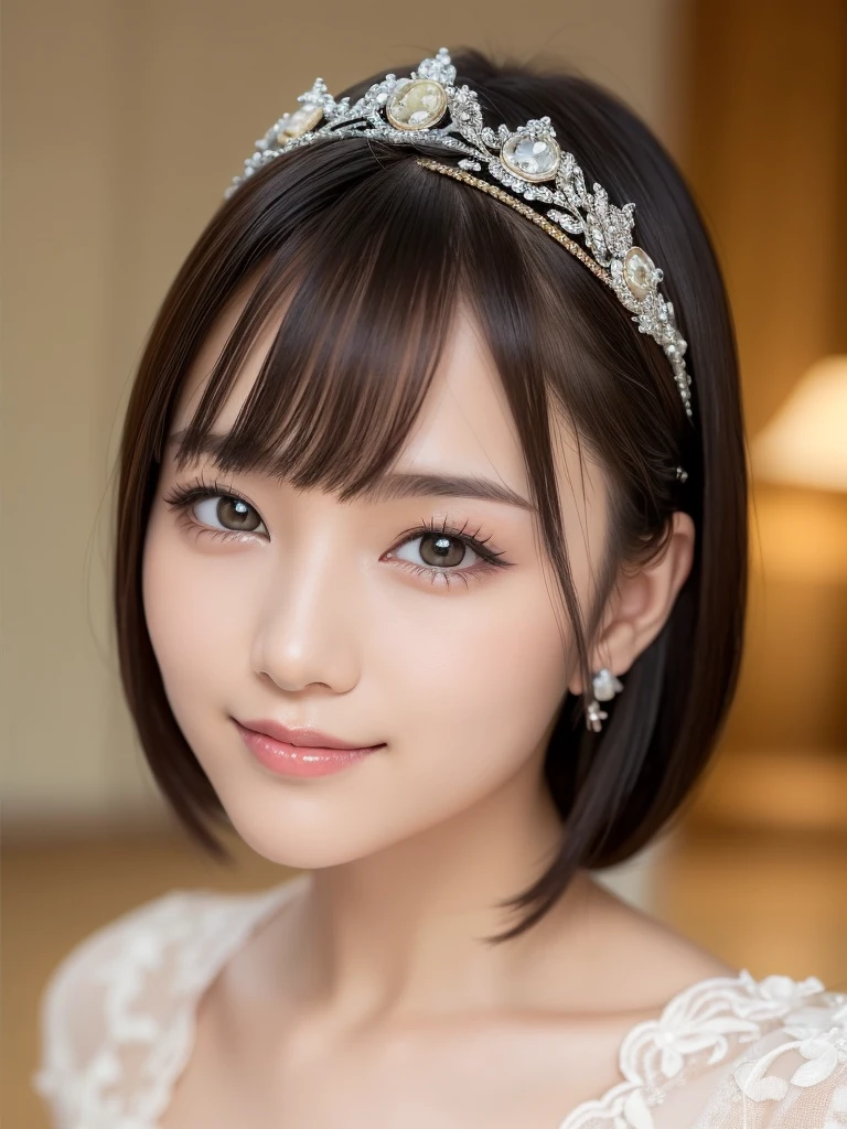 (highest quality:1.5)、(Realistic:1.5)、(1 person:1.5)、(Medium Shot:1.5)、Very detailed、High resolution、8k wallpaper、、Normal milk、Natural color lips、Cute Smile、Japanese women、20-year-old girl、Beautiful and elegant face、Perfect and beautiful face、Large, balanced eyes、Brunette's eyes、Beautiful and elegant face、Beautiful double eyelids、Natural Bangs、Beautiful thin nose、Beautiful Skin、Fair skin、Medium Bob Hair、Natural Bangs、Perfect and beautiful face、Slim face and figure、(Looking at the camera with a sweet smile)、Bright lighting、Professional Lighting、Forward lighting、Wedding dress、tiara、(純白の豪華なWedding dressを着て)、(Sit and pose on the red carpeted floor)
