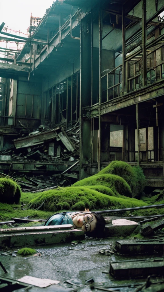 Showa,moss,Collapse,Devastation,Inside the ruins,Glasses,Women,adventure,Black and White,