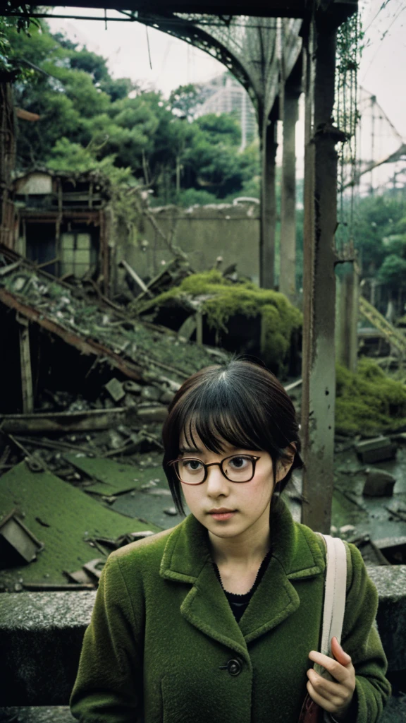 amusement park,moss,Showa,Collapse,Devastation,Inside the ruins,Glasses,Women,adventure,Black and White,
