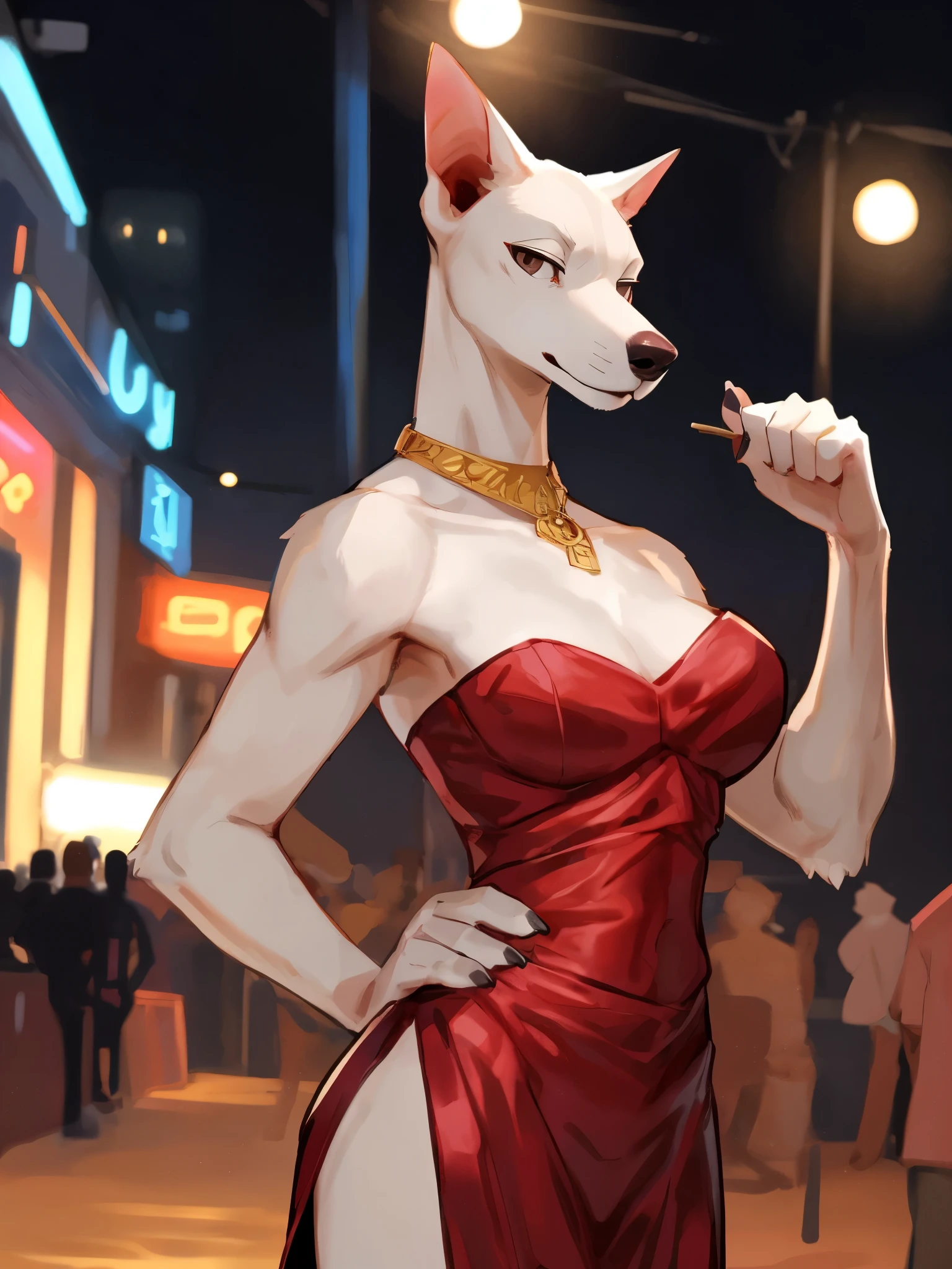 ((Best quality, masterpiece, detailed anatomy, detailed eyes, detailed hands, perfect lighting, perfect shading.)), by Bebebebebe, by K0bit0wani, by Zackary911, 1Female, Pitbull, white furs, dark brown eyes, skinny body, adult body, strapless red dress, golden neckline, In front of the night club entrance